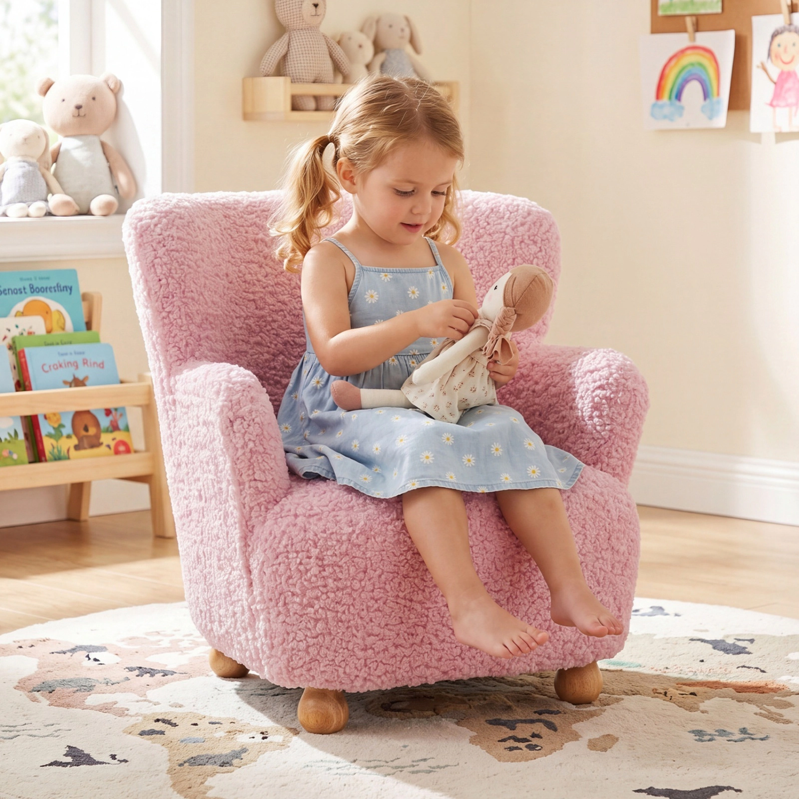 SUGIFT Kids’ Light Pink Sherpa Reading Chair with Rubber Wood Legs