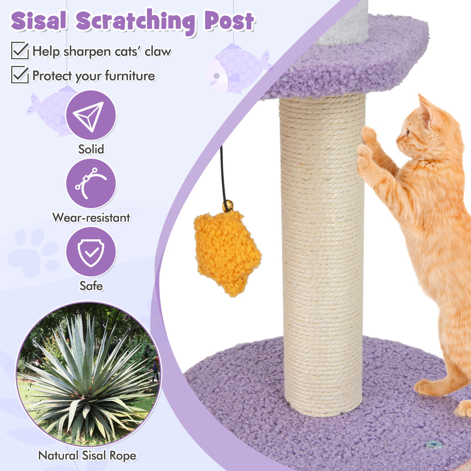 SUGIFT Purple 4-Platform Cat Tree Tower with Hammock and Scratching Posts 27-in W 19-in D 66-in H 33-lb Per Perch