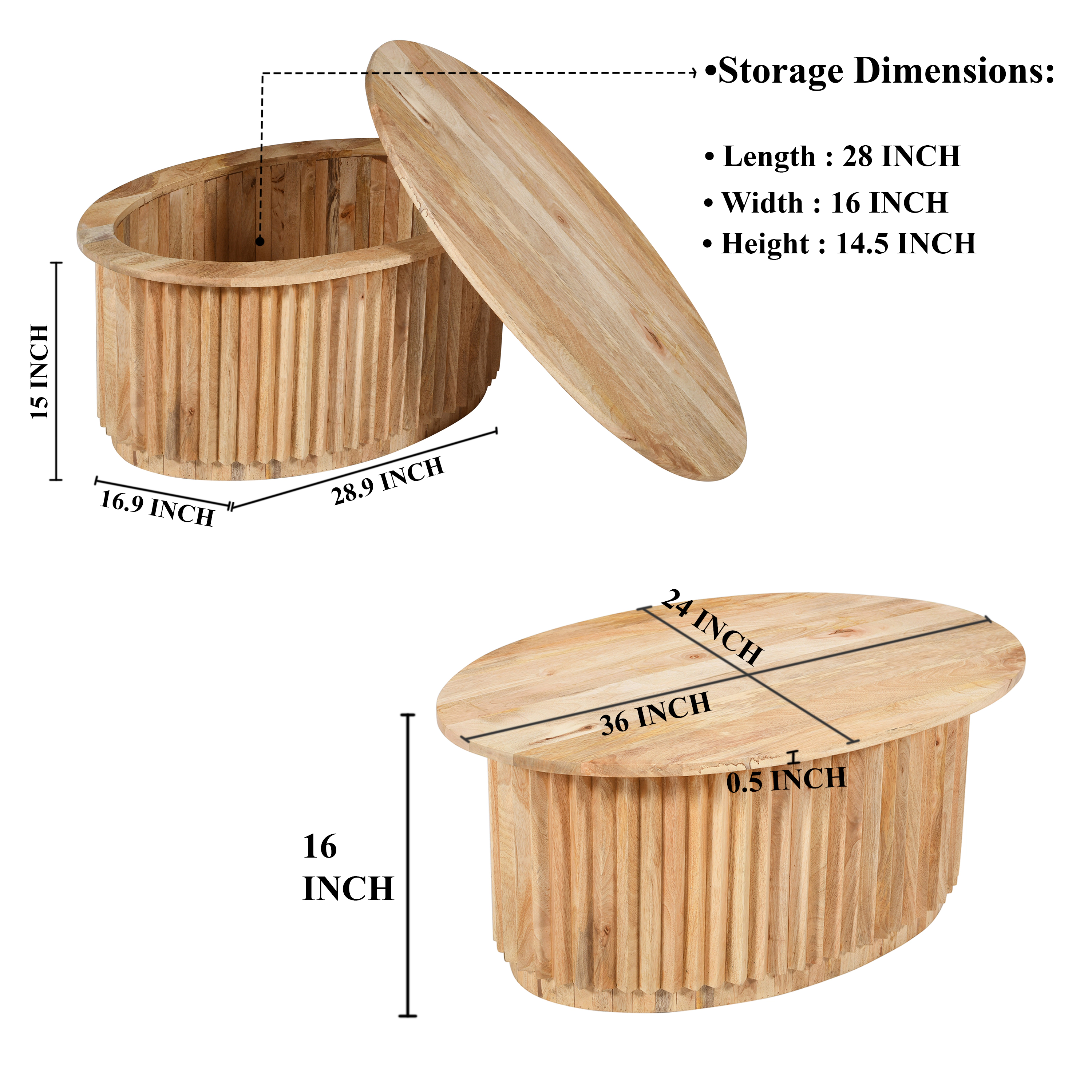 The Urban Port Muna Coffee Table, 36 Inch Oval, Handcrafted Mango Wood, Reeded Base with Hidden Storage, Natural Brown