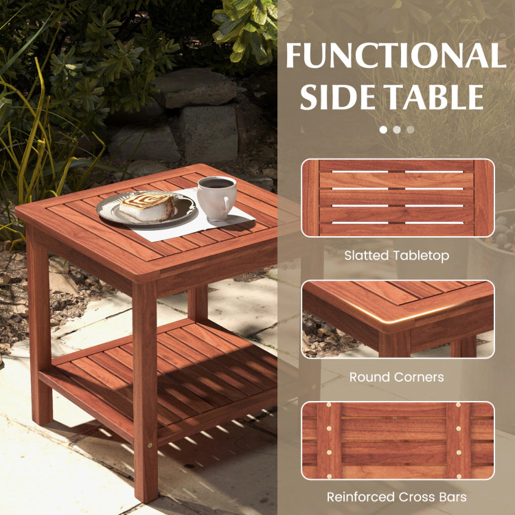 Hivvago Double-Tier Acacia Wood Patio Side Table With Slatted Tabletop And Shelf