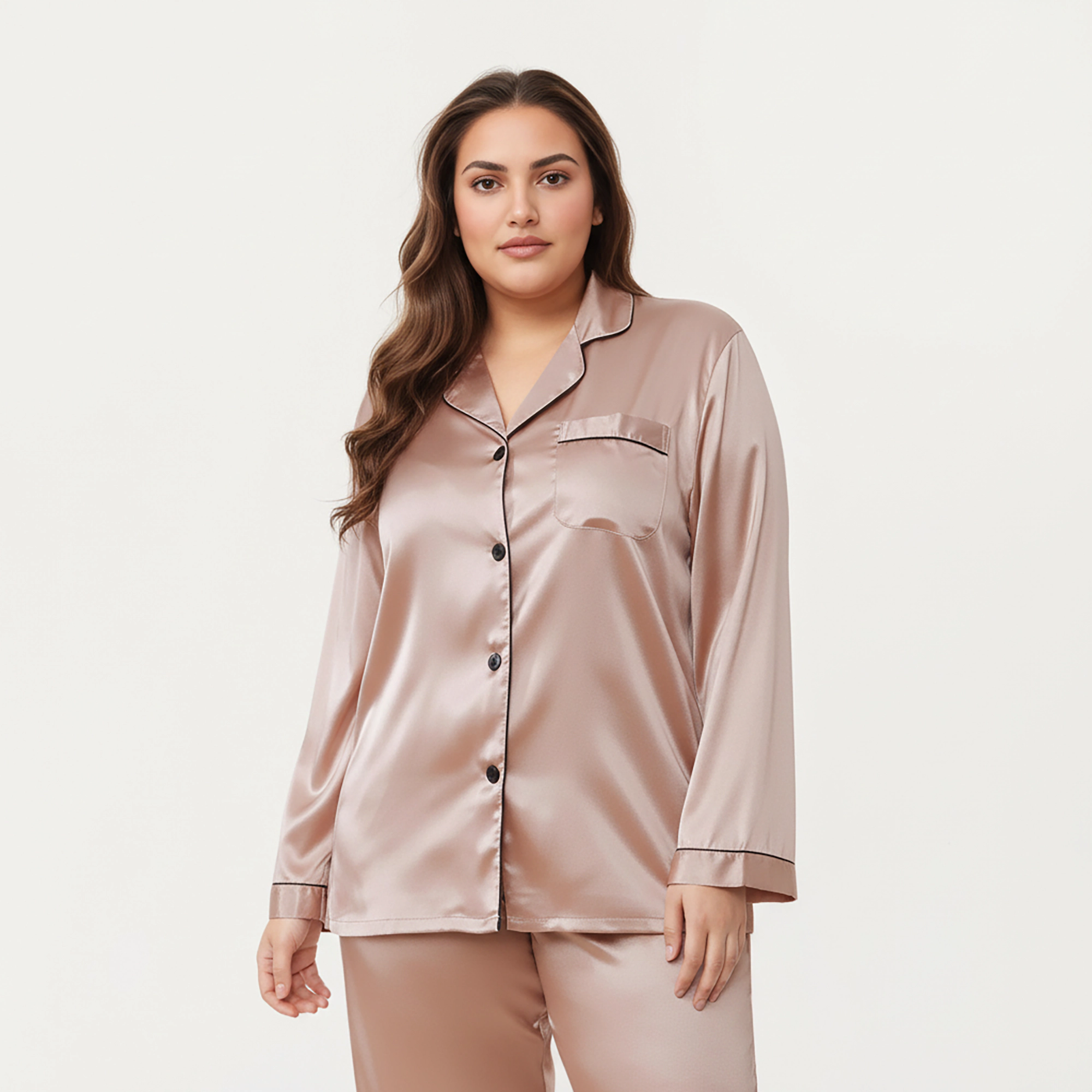 Anna-Kaci Women's Plus Satin Pajama Set with Long Sleeve Button Front Top and Relaxed Straight Leg Pants