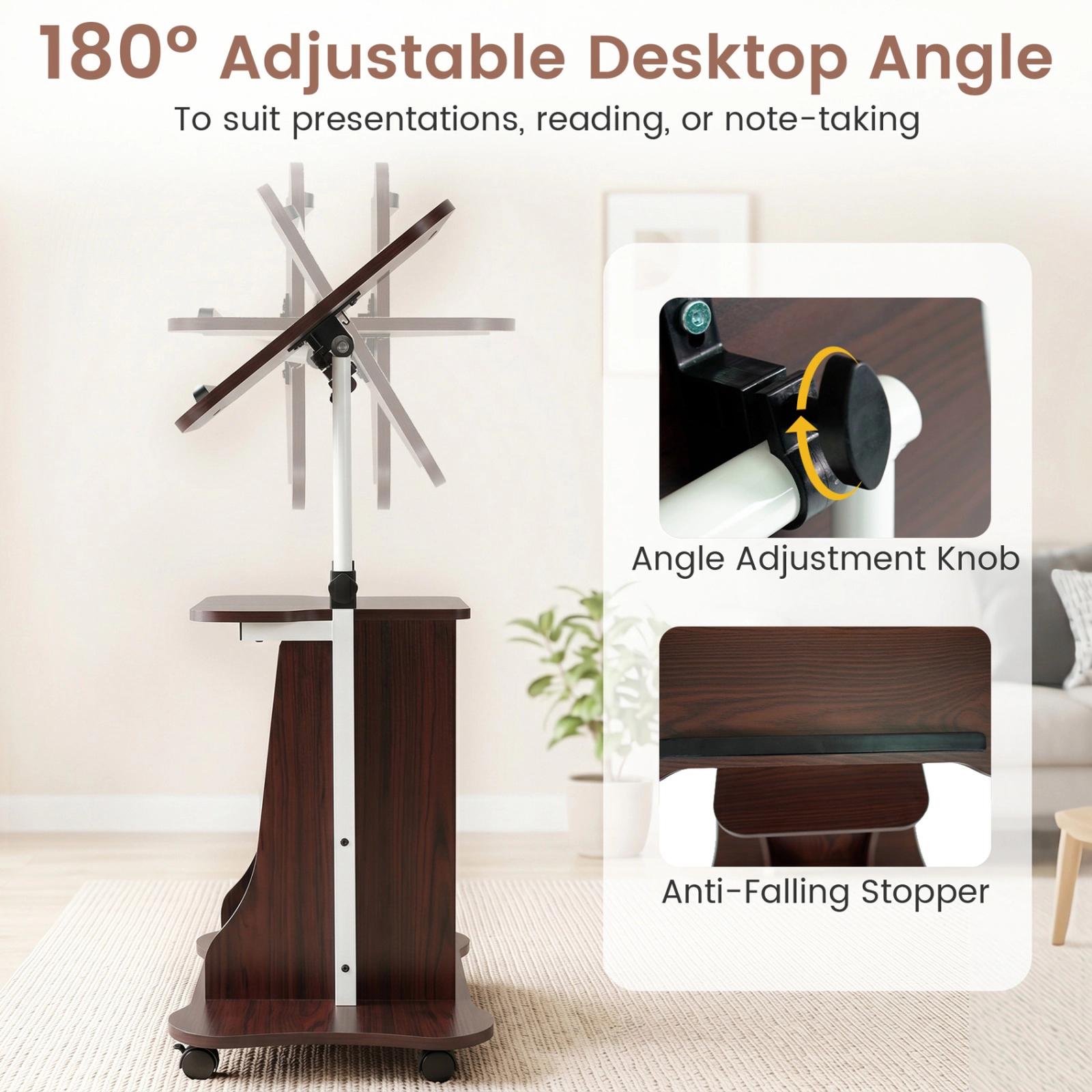 SUGIFT Brown and White Rolling Lectern Podium, Adjustable Standing Desk with Tilt Top and Storage Cabinet