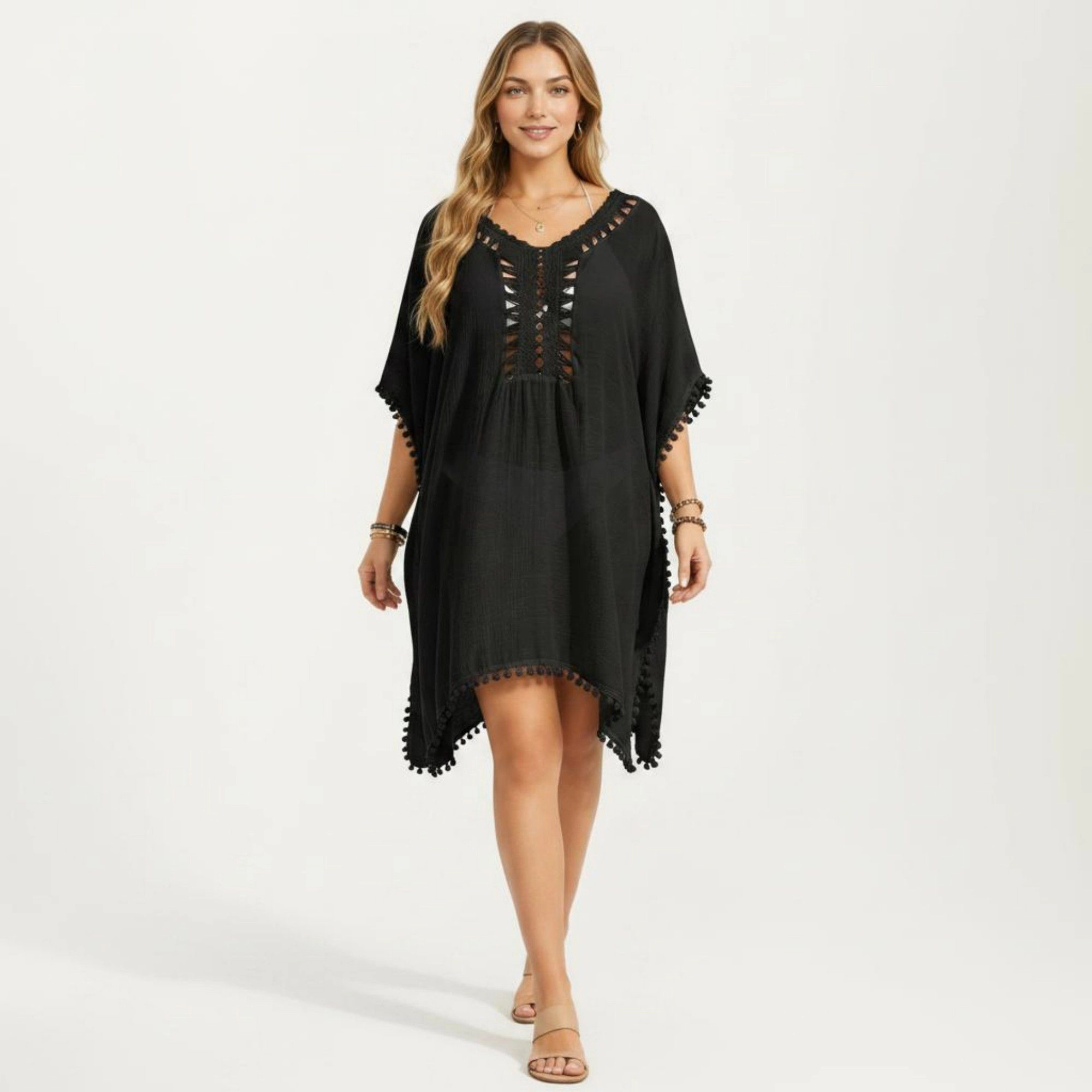Anna-Kaci Women's Crochet Cutout Neckline Pom Trim Hem Loose Short Sleeve Relaxed Fit Swim Cover Up Dress