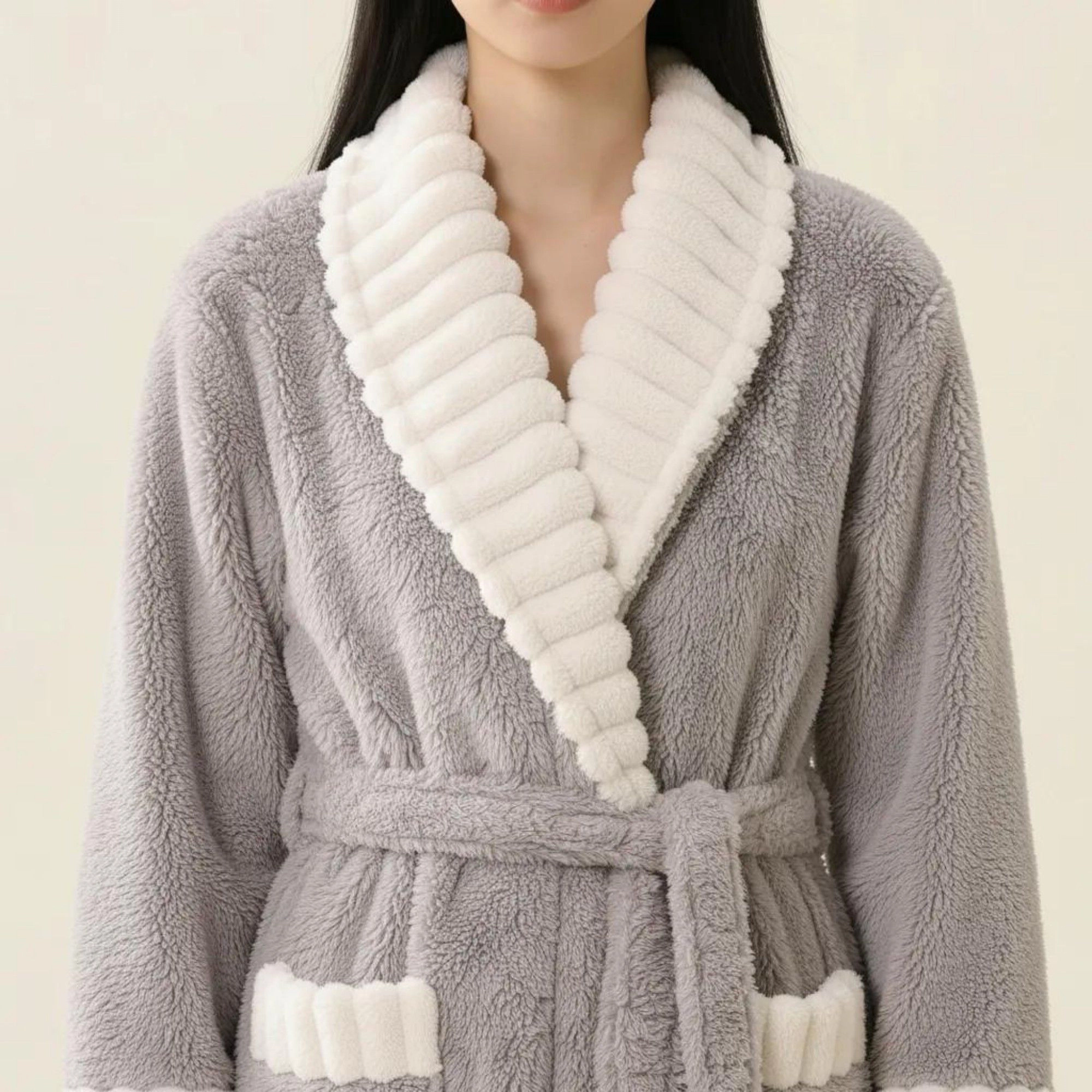 Anna-Kaci Women's Plush Long Robe with Contrast Trim Shawl Collar Tie Waist Belt Soft Warm Full Length Bathrobe