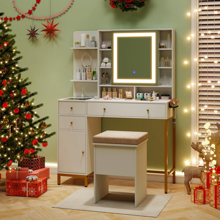 Hivvago Makeup Dressing Table And Stool Set With 3 Lighting Modes And Cabinet
