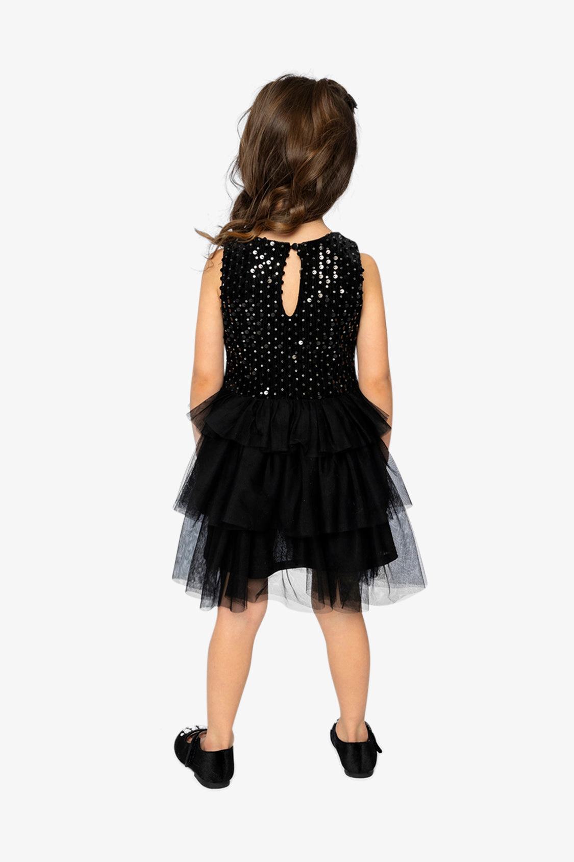 Deux par Girls Bi-Material Sparkle Velour Sleeveless Tiered Mesh Dress