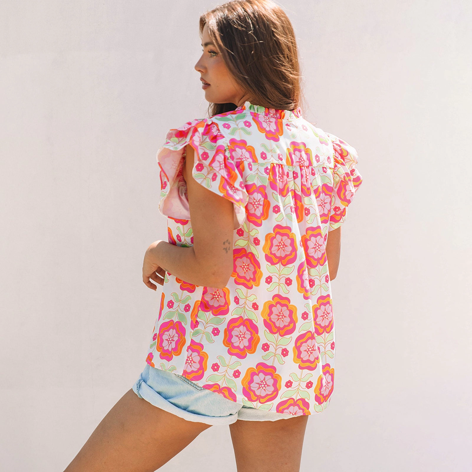 Sol Living Womens Floral Ruffled Sleeve Trim Split Neck Loose Blouse