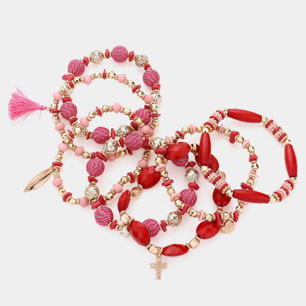 FASHNZFAB 7PCS - Wrapped Tassel Arrow Ammonite Cross Charm Stretch Multi Layered Bracelets