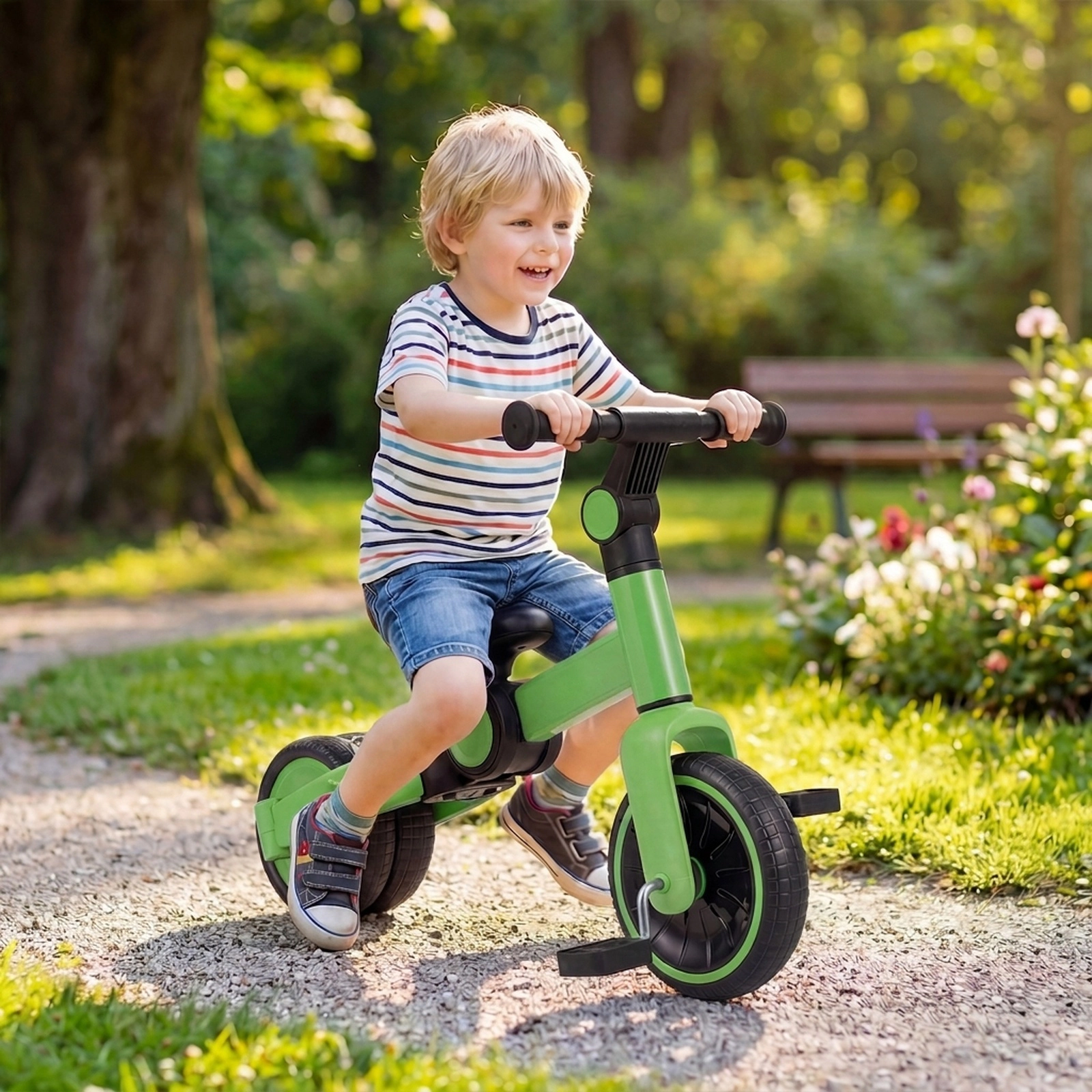 5-in-1 Toddler Balance Bike Removable Pedals 4-Level Handlebar 135-Degree Steering Limit Ages 2-4 Green