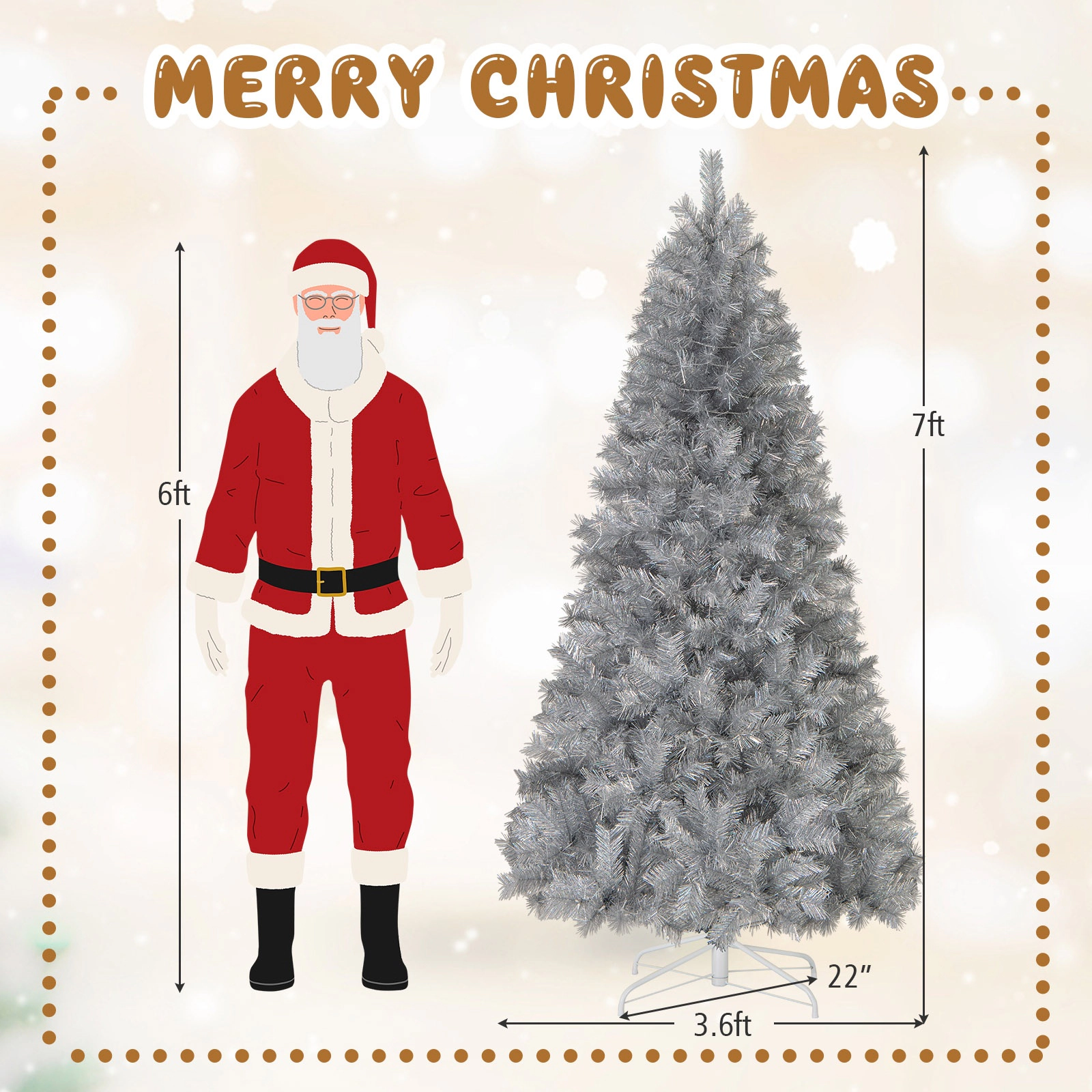 SUGIFT Artificial Xmas Tree with Branch Tips and Warm White LED Lights 7-ft Silver
