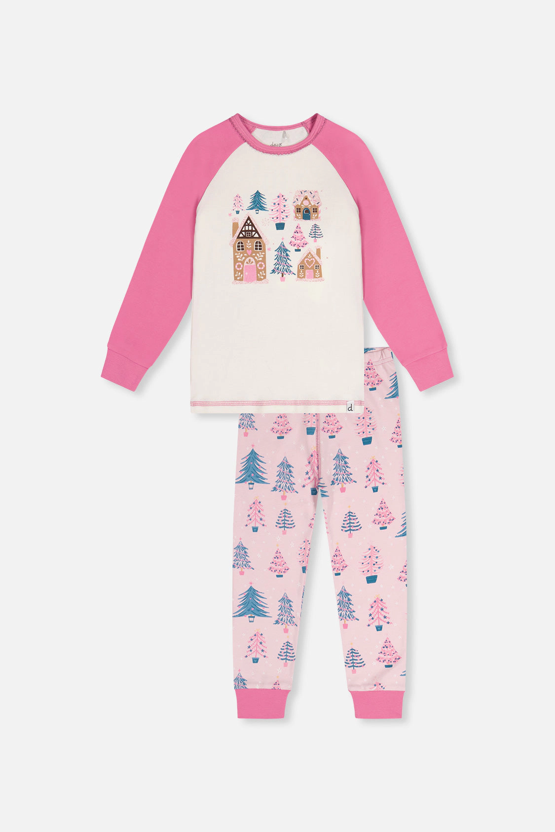 Deux par Deux Girls Organic Cotton Tree Two Piece Pajama Set with Raglan Sleeve Top and Waist Pants