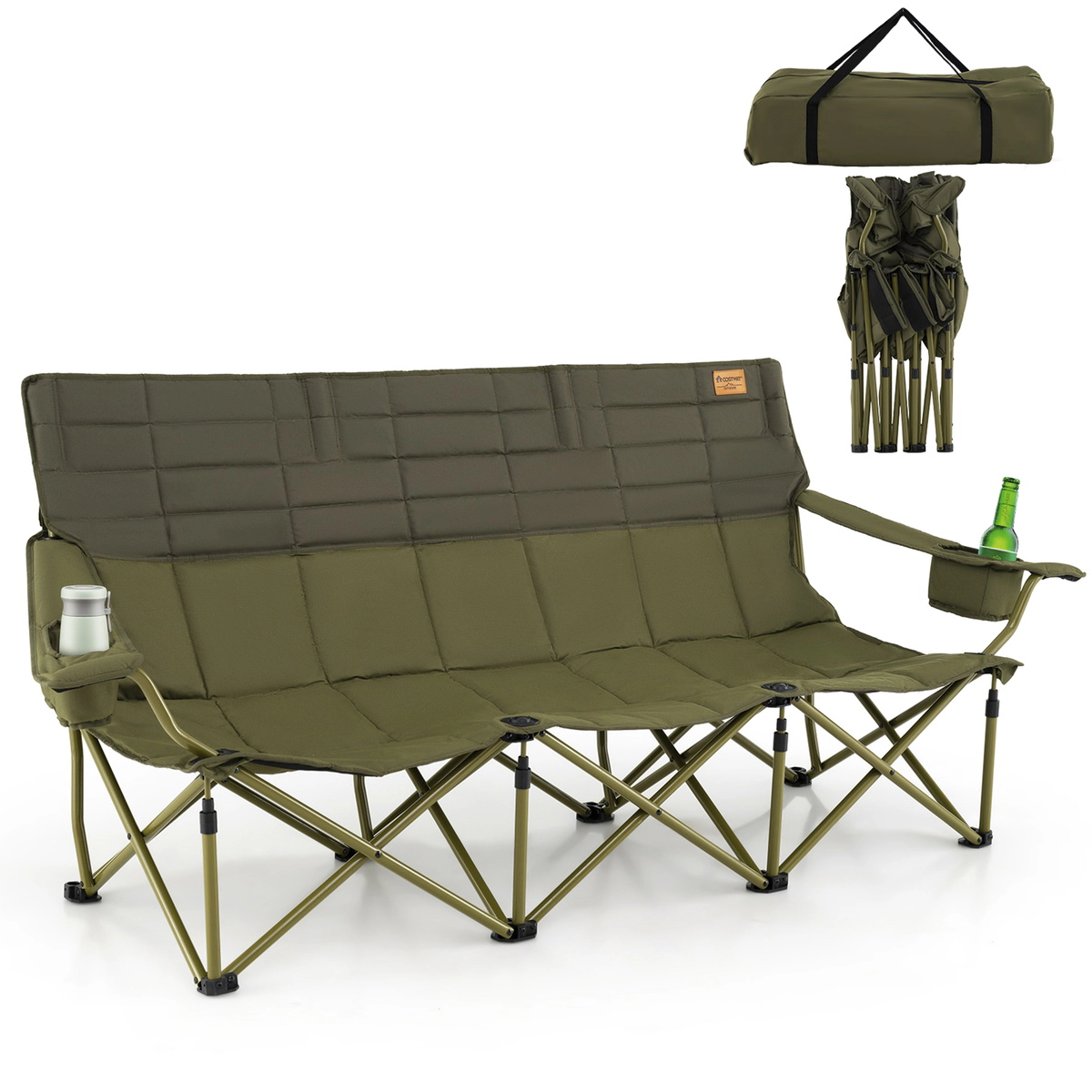 SUGIFT 900-lb Capacity 3-Person Extra Wide Folding Camping Chair Couch with 2 Cup Holders and Storage Bag