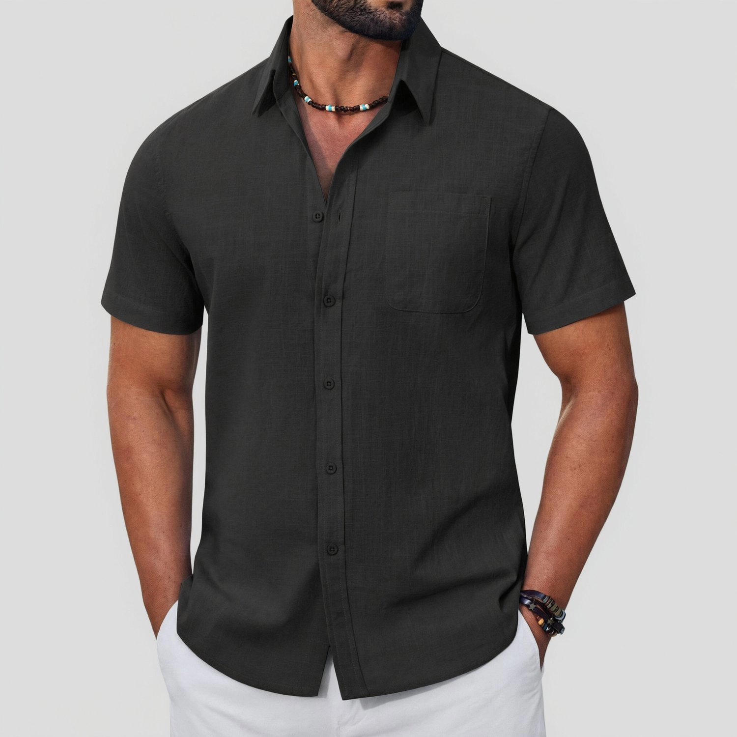 COOFANDY Mens  Short Sleeve Button Down Shirt Lapel Collar Pocket Casual Tops
