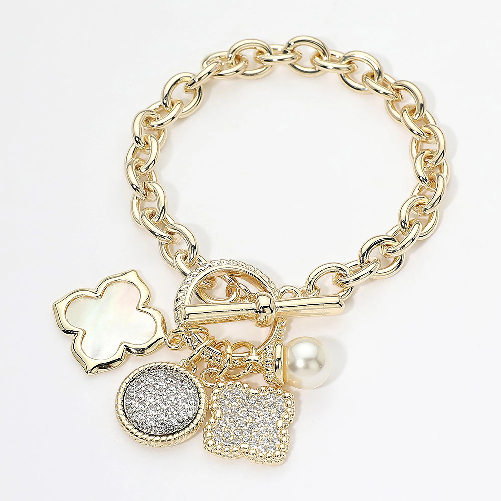 FASHNZFAB 14K Gold Plated CZ Pave Quatrefoil Pearl Floral Charm Toggle Bracelet - Gold