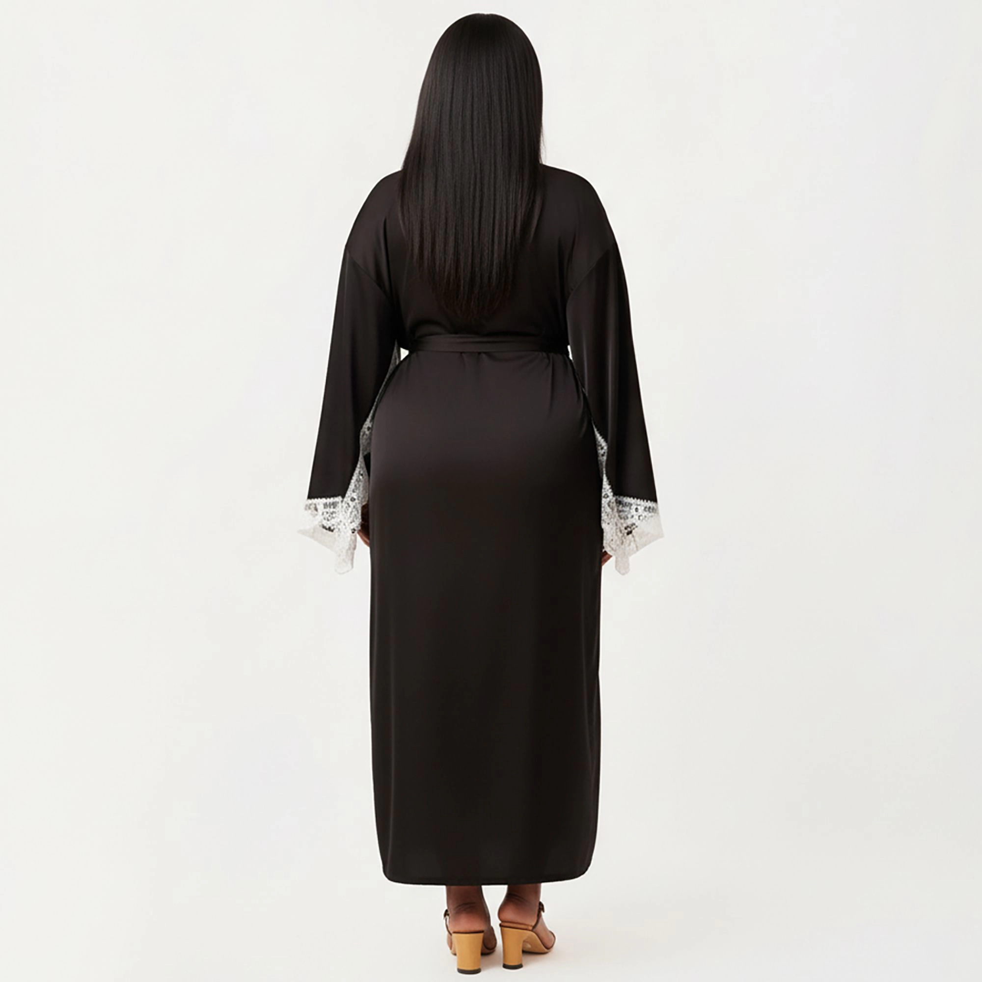 Anna-Kaci Women's Plus Long Robe Set with Soft Draped Silhouette and Delicate Lace Trim Accents