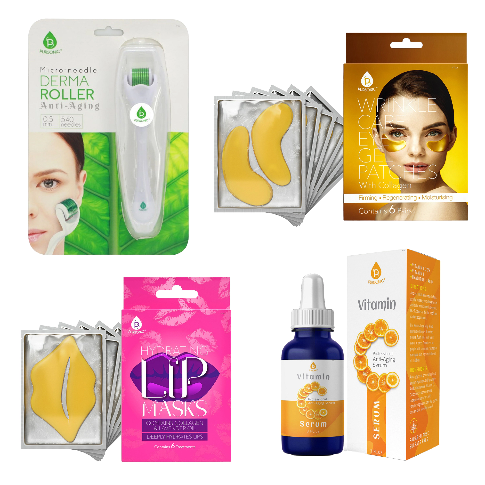 Pursonic Unisex Facial Care & Anti-Aging Beauty Essentials Vitamin C Serum, Eye Patches & Derma Roller Bundle