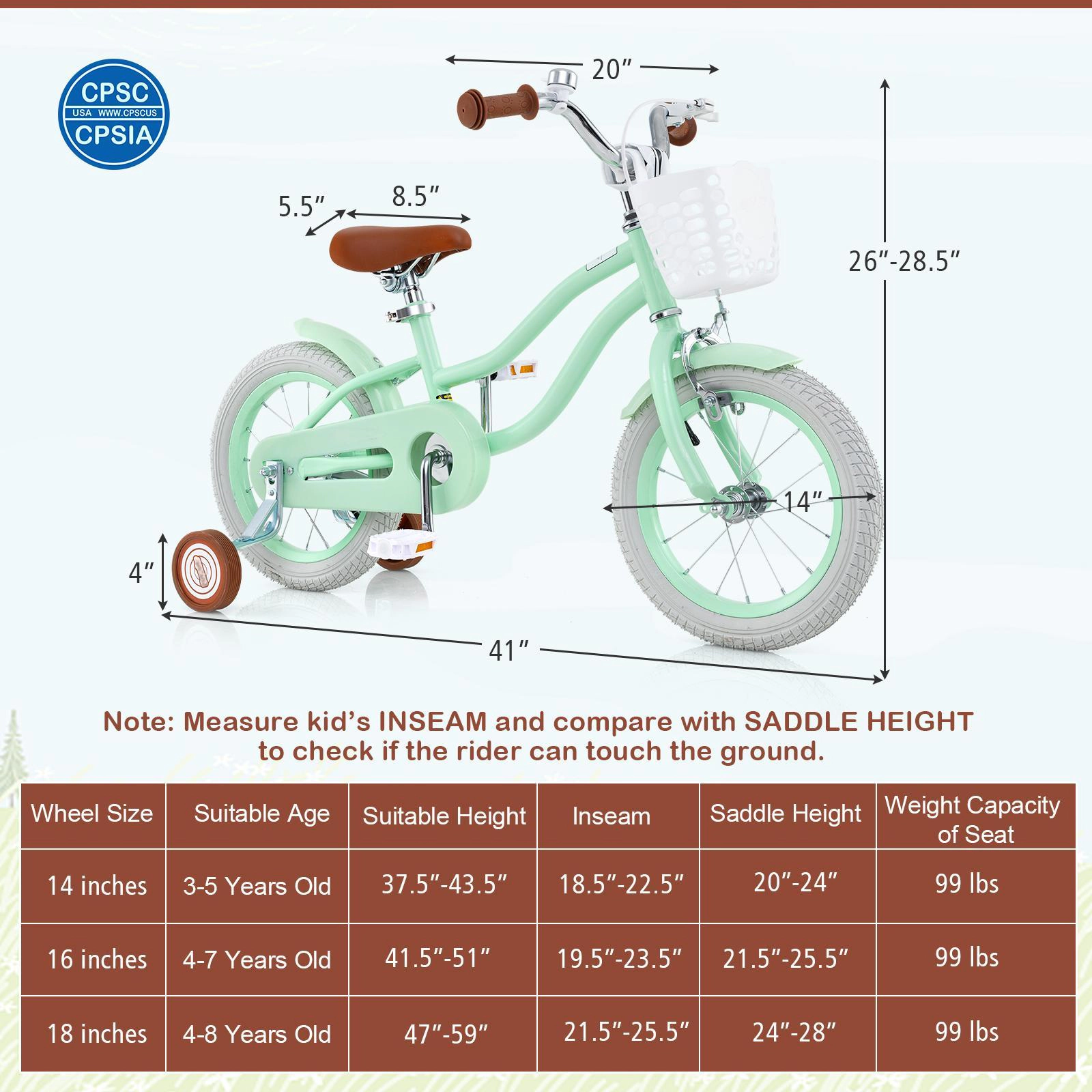 SUGIFT Mint Green Adjustable Seat Bell Removable Basket and Chain Guard Kids 14 Inch Bike