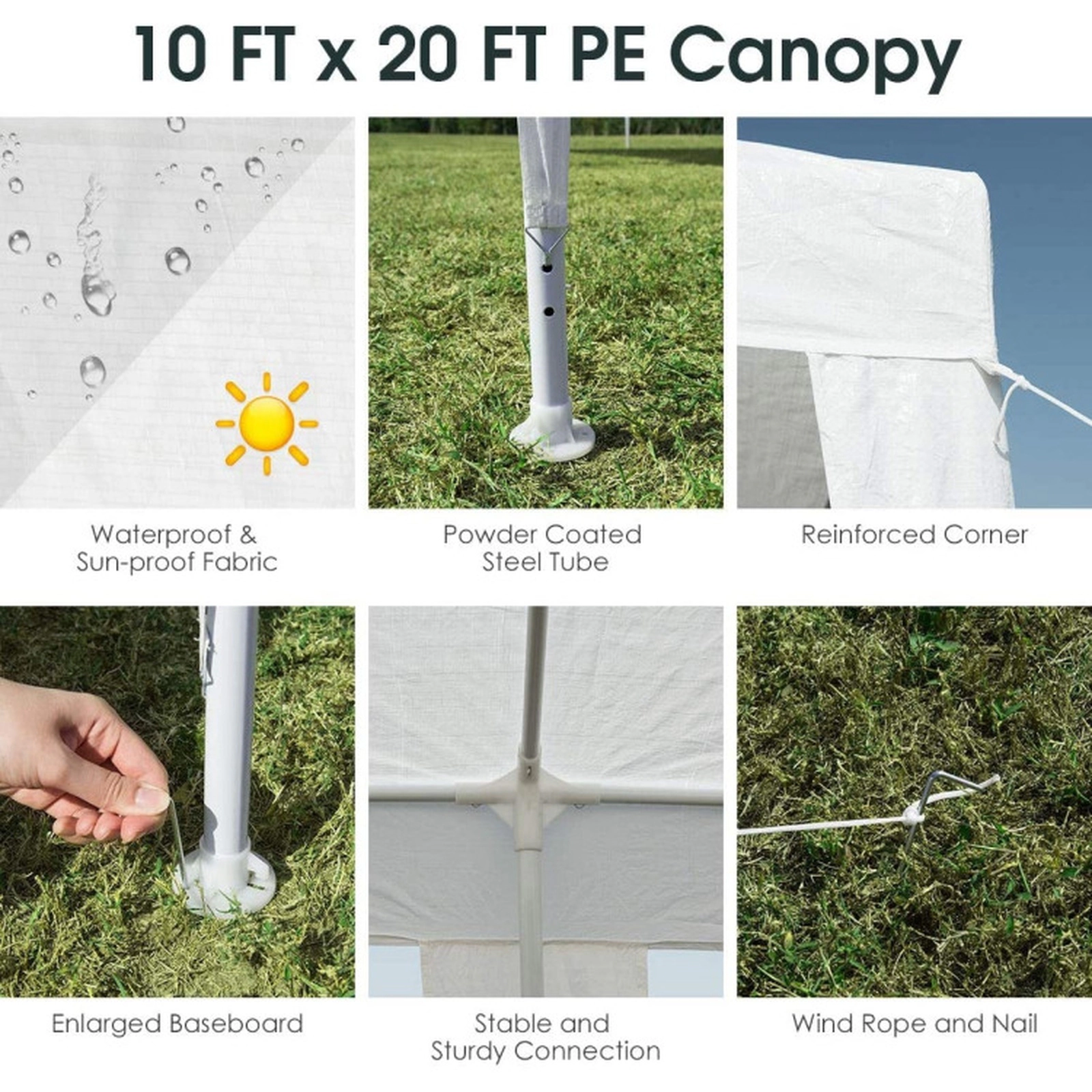 SUGIFT Waterproof PE Canopy Gazebo Tent with Powder Coated Steel Frame 10 x 20-ft Outdoor Shade White Cover