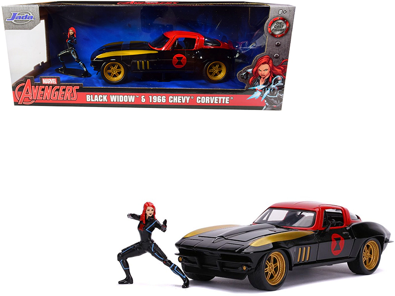Jada 1966 Chevrolet Corvette with Black Widow Diecast Figurine "Avengers" "Marvel" Series 1/24 Diecast Model Car by Jada