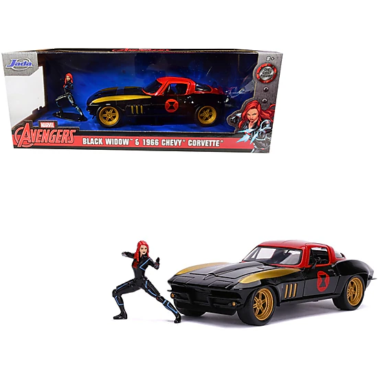 Jada 1966 Chevrolet Corvette With Black Widow Diecast Figurine "Avengers" "Marvel" Series 1/24 Diecast Model Car By Jada