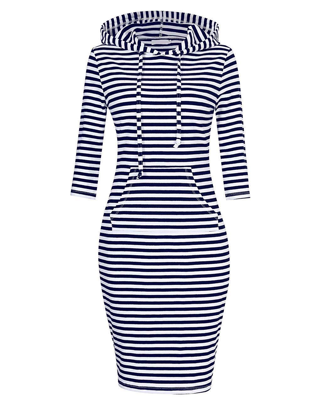 KOJOOIN Women's Casual Hoodie Dress 3/4 Sleeve with Pockets Knee Length Pullover Skirt