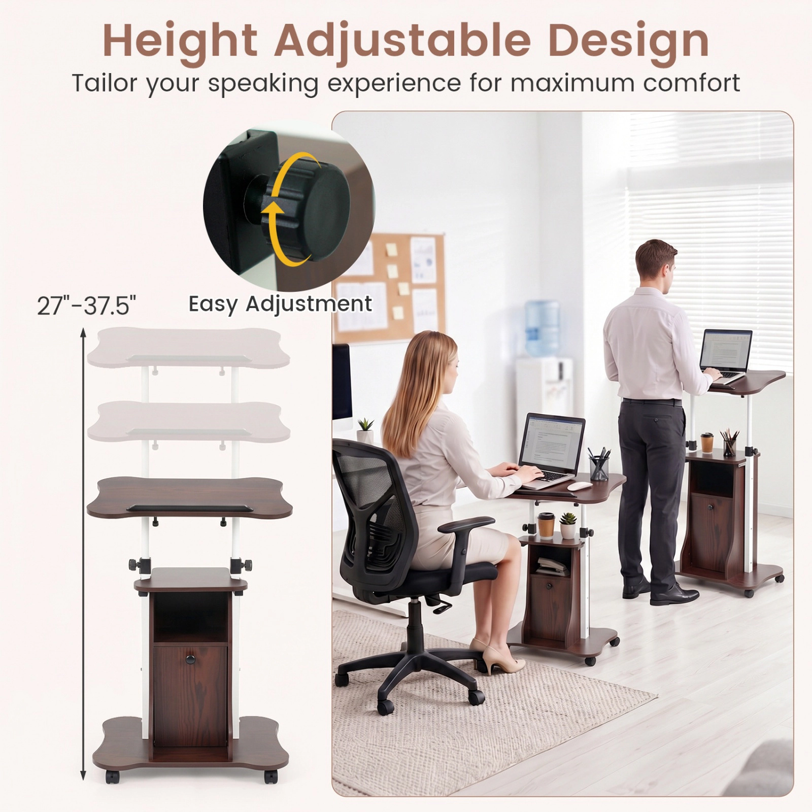 SUGIFT Brown and White Rolling Lectern Podium, Adjustable Standing Desk with Tilt Top and Storage Cabinet