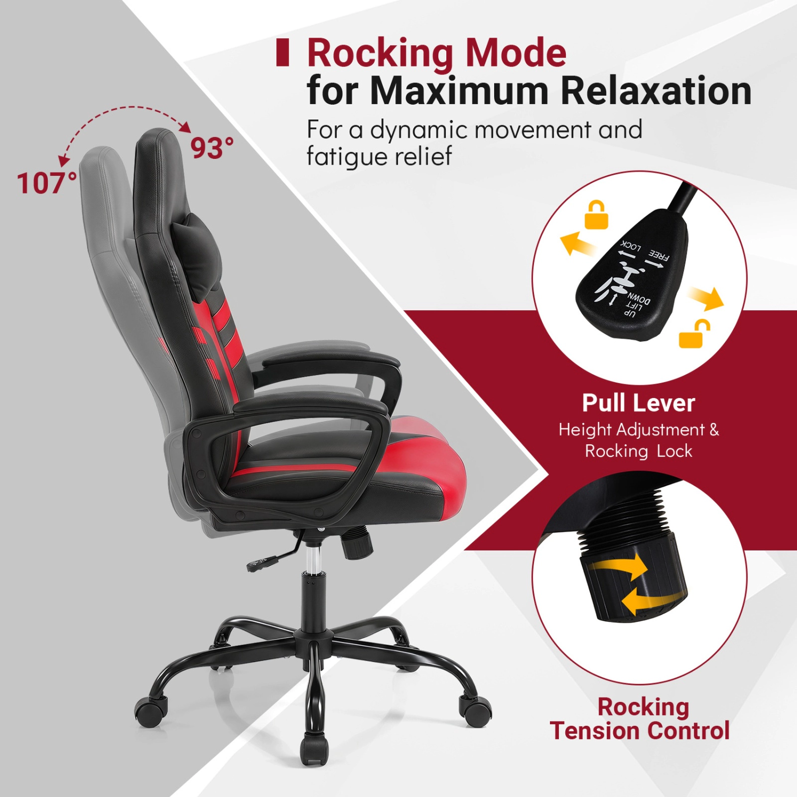 SUGIFT Red Faux Leather Rocking Office Chair with Removable Head Pillow