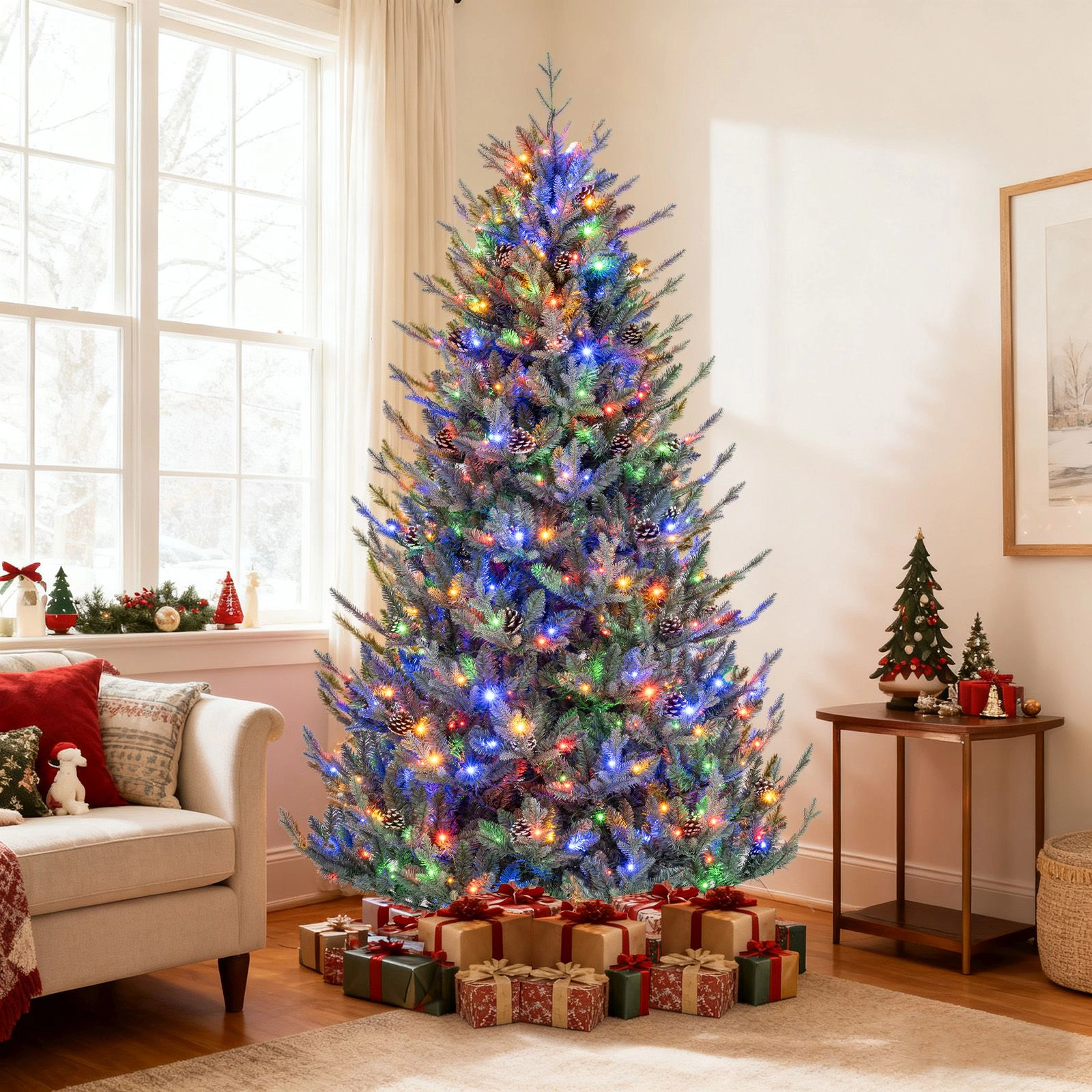 SlickBlue Green Artificial Christmas Tree with Pine Cones and Remote