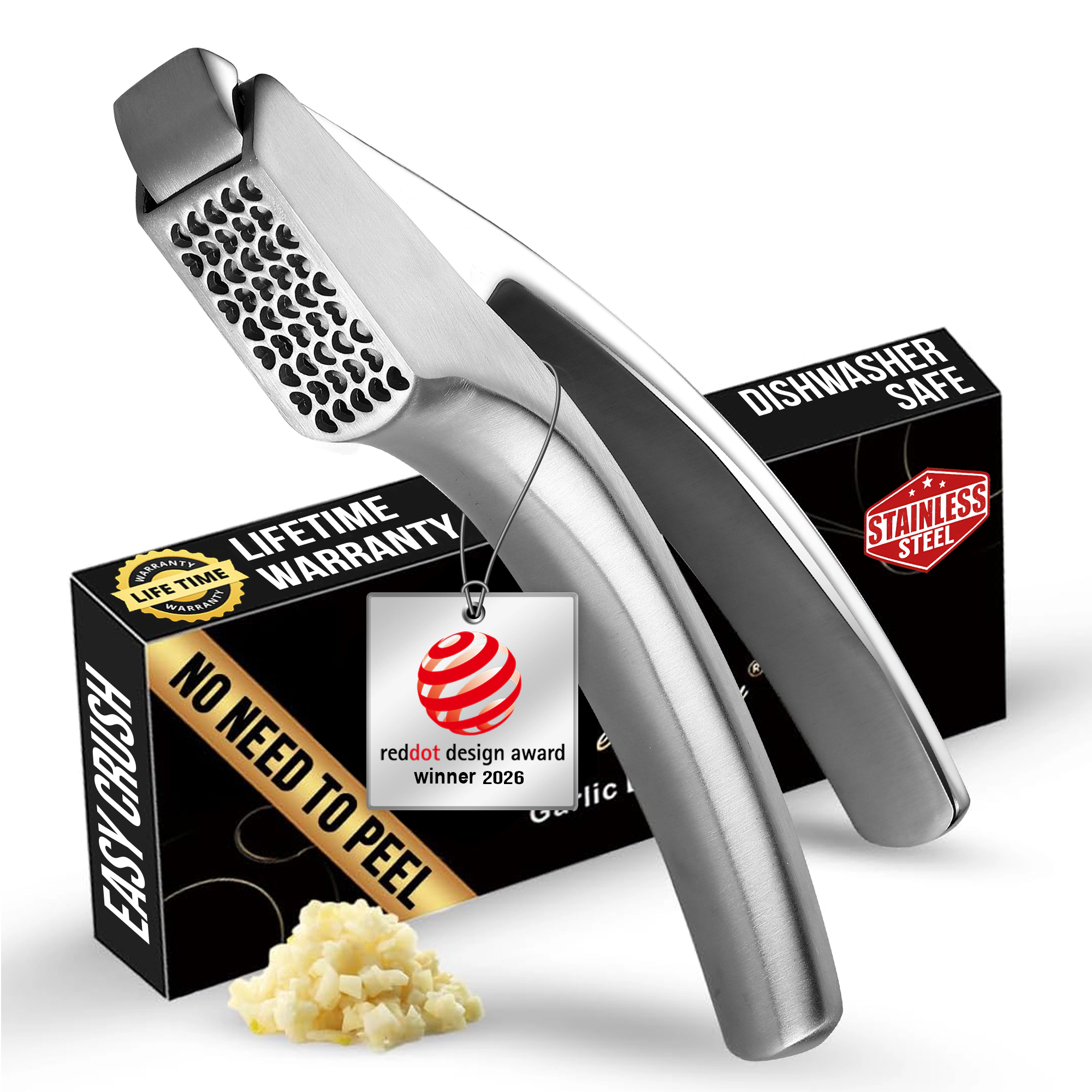 Gourmet Easy Garlic Press No Need to Peel, Stainless Steel Garlic Mincer, Garlic Crusher (Coarse Mincing)