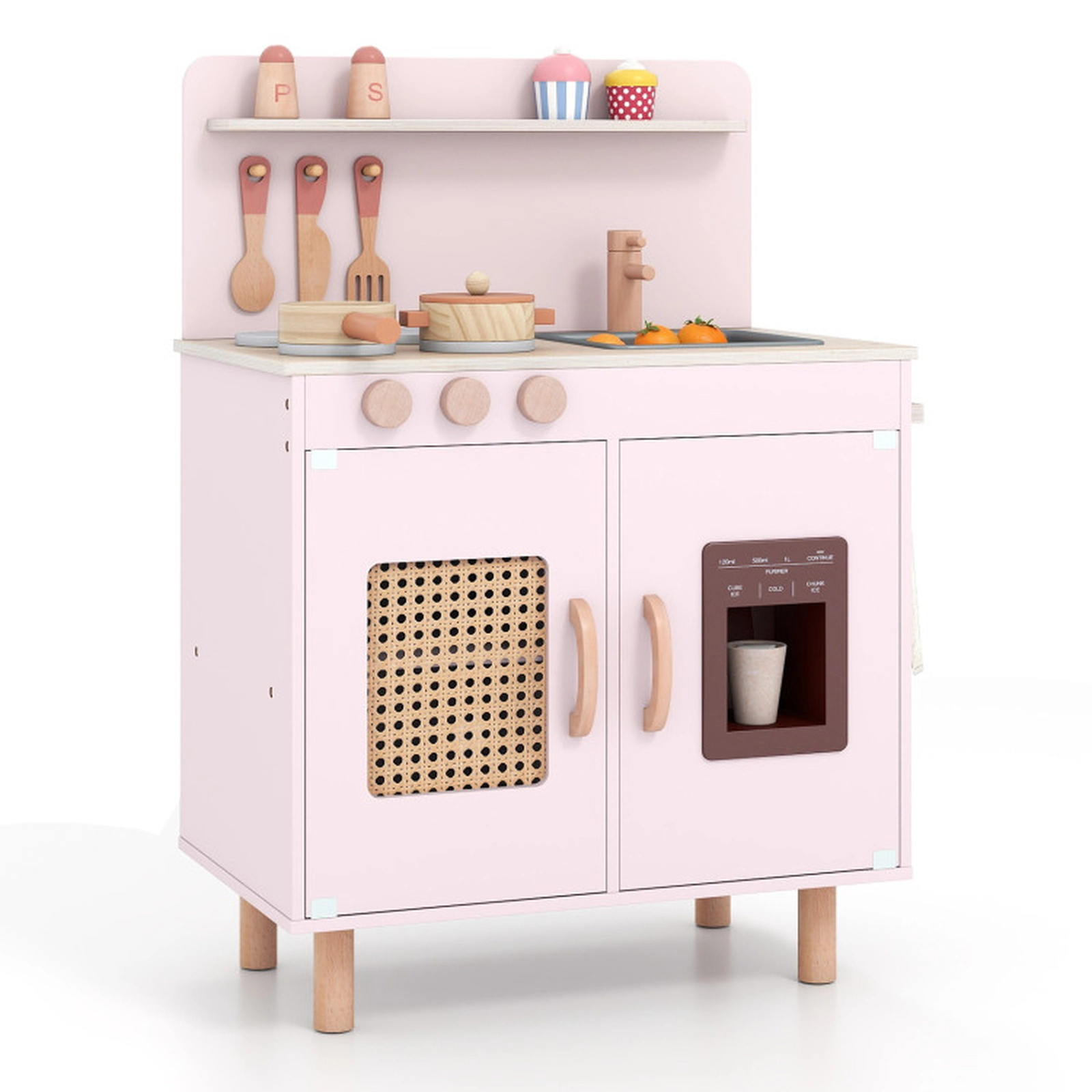 SUGIFT Pink Ice Maker Spice Rack and Cooking Accessories Kids Wooden Pretend Play Kitchen