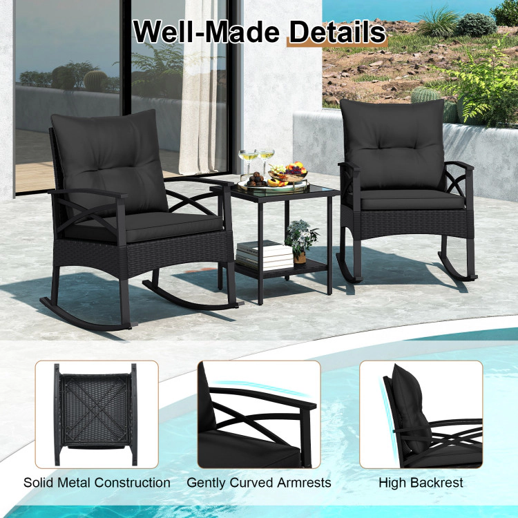 Hivvago 3 Pieces Outdoor Rattan Rocking Chairs Set With  2-Tier Side Table For Garden Backyard