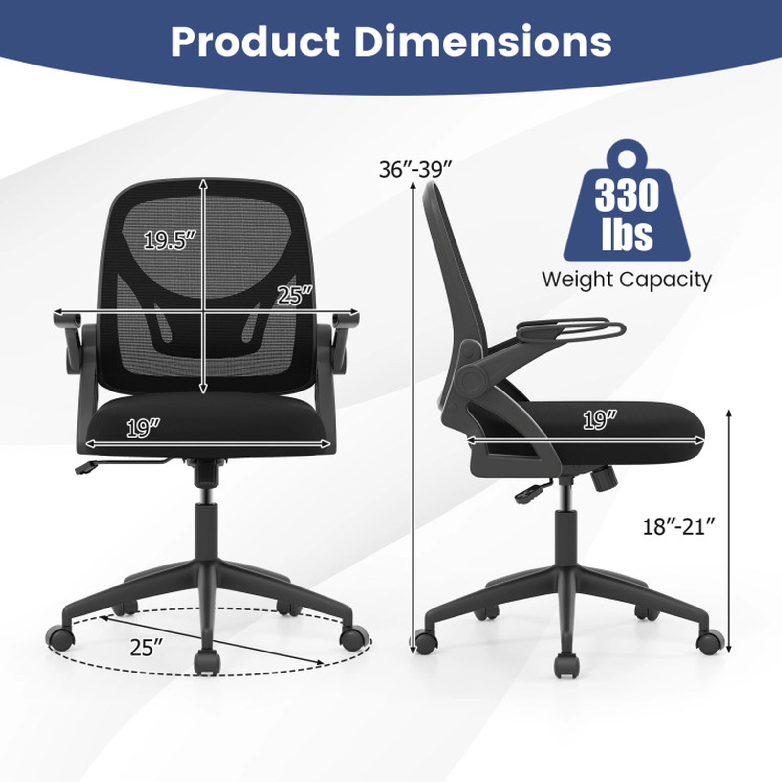 SUGIFT Flip-up Arms Built-in Lumbar Support Breathable Mesh Computer Desk Chair 25-in x 25-in x 36-in 330-lb Black