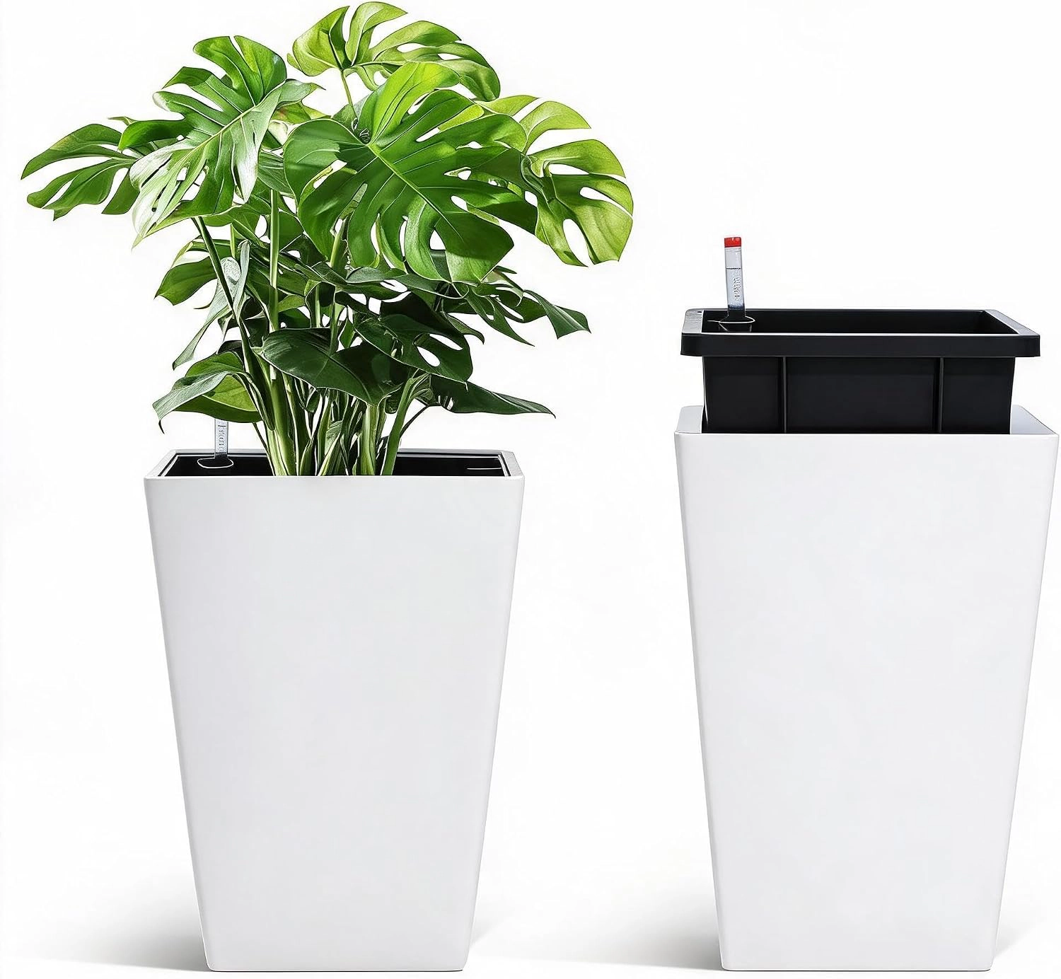 Set of 2 Planters 16" Tall, Self-Watering with Drainage & Water Level Monitor, Wheels, Indoor Outdoor