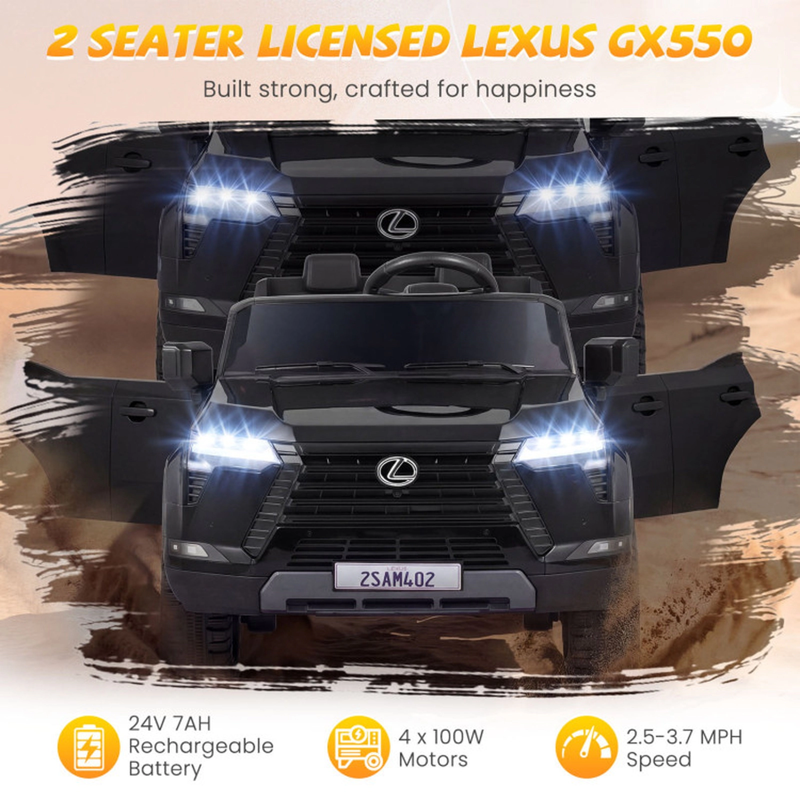 SUGIFT 24V Black Kids 4WD Ride-On Car with Licensed Lexus GX550 Body and Suspension 110-lb Rider Capacity