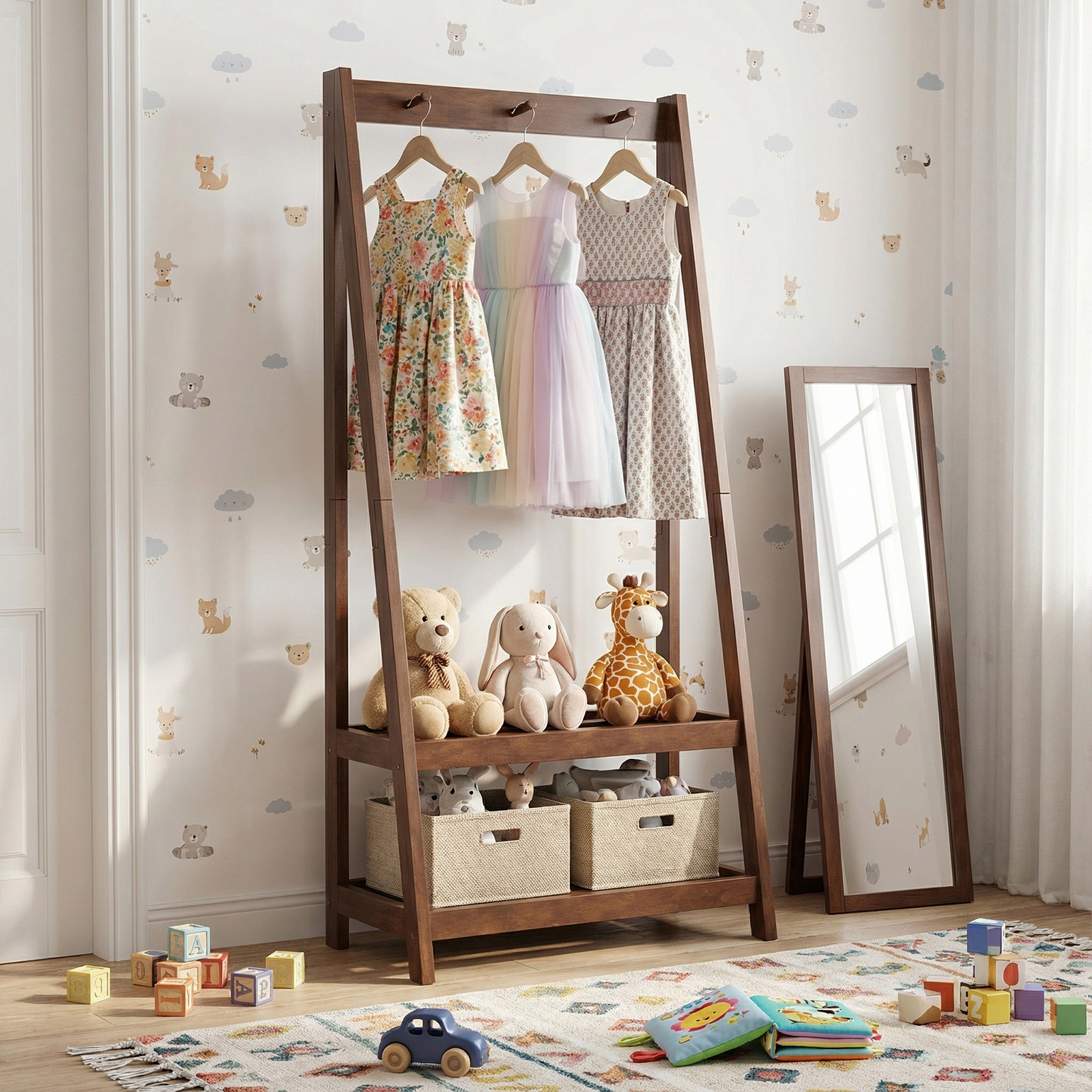Glintex Solid Rubber Wood Coat Rack with A-Shaped Frame and 2 Storage Shelves, Walnut