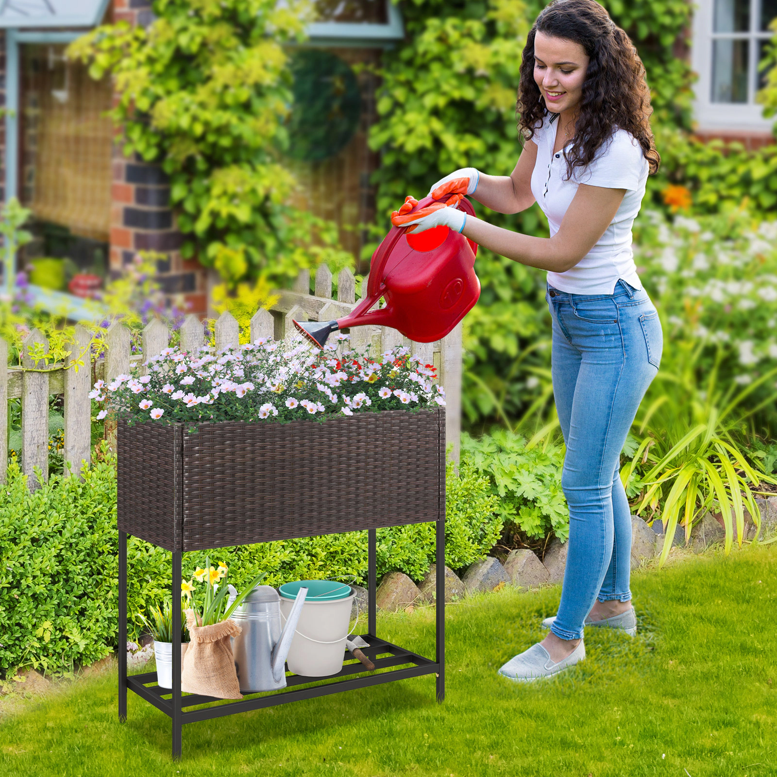 SUGIFT Wicker Raised Garden Bed with Storage Shelf and Removable Liner 132-lb Planter Box 66-lb Shelf Black/Brown