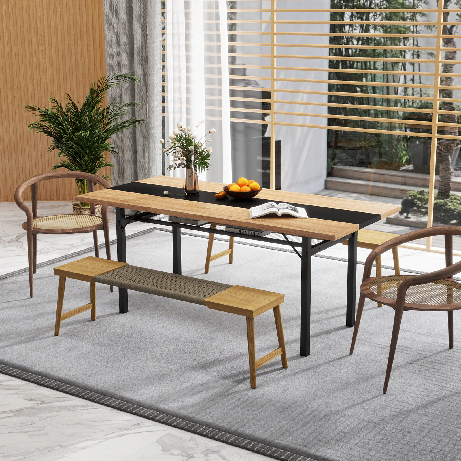LJG 6 Feet Dining Table with Heavy-Duty Metal Frame for 6-8 People