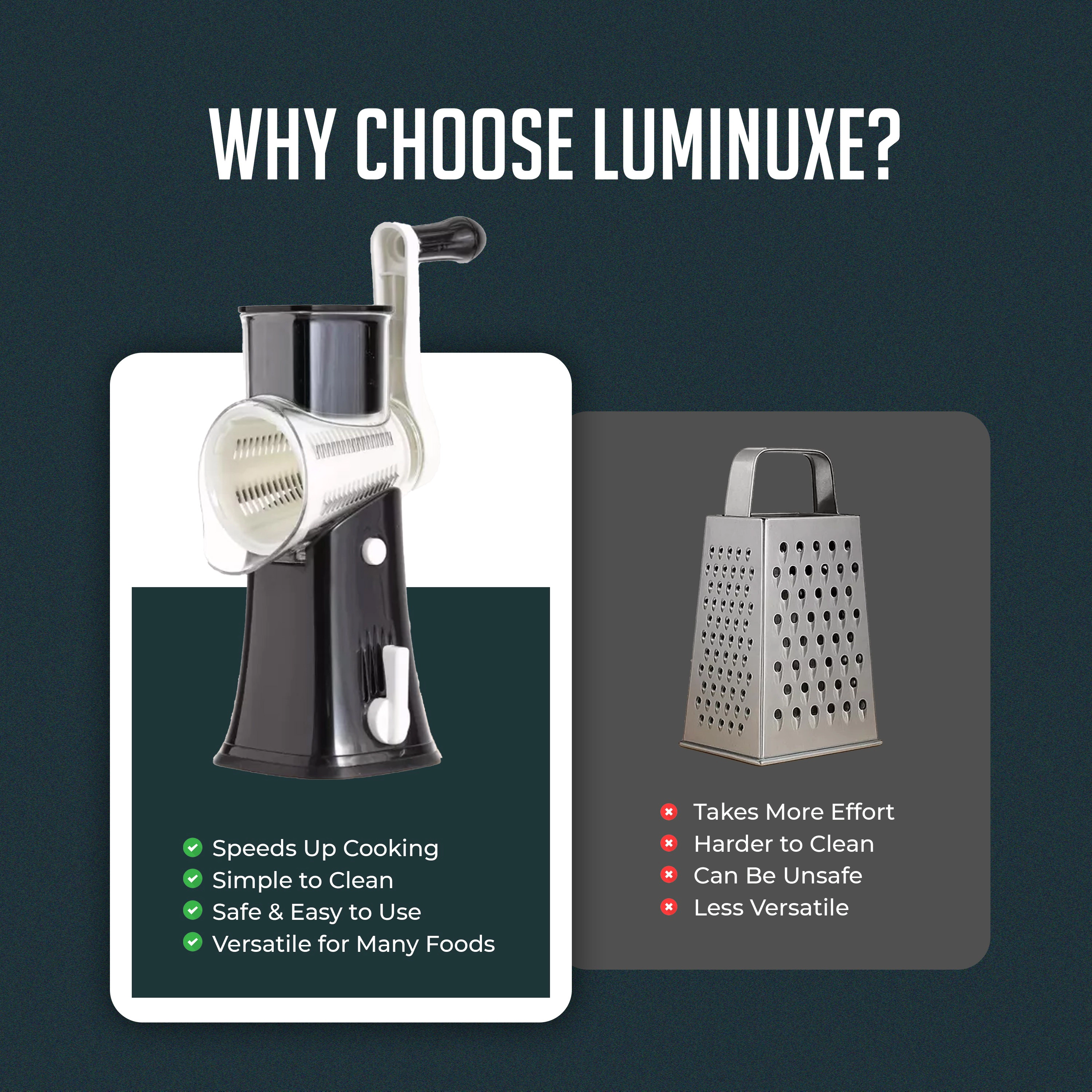 Luminuxe Rotary Cheese Grater w/ Handle, Manual Shredder Strong Suction Base. Kitchen Mandoline Vegetable Slicer