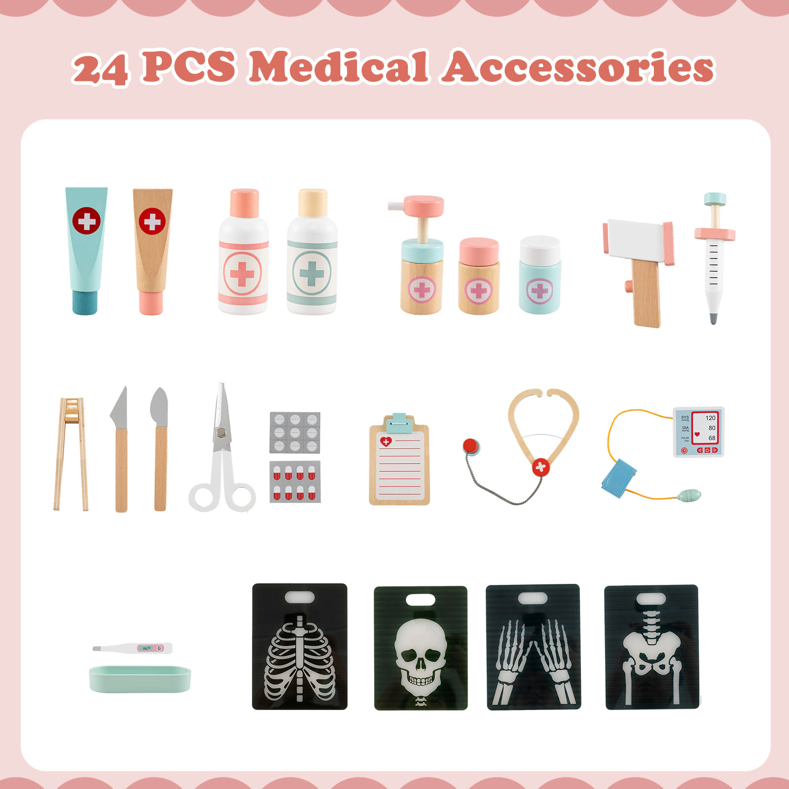 Wooden Doctor Playset Stethoscope 24-pc Medical Accessories 38-in Kids Doctors Play Set with Patient Seat Ages 3+ Pink