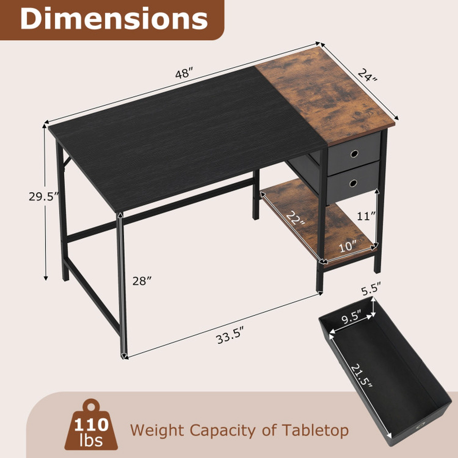 SUGIFT 48-Inch Industrial Computer Desk with Removable Fabric Drawers, Open Shelf and Anti-Tip Kits