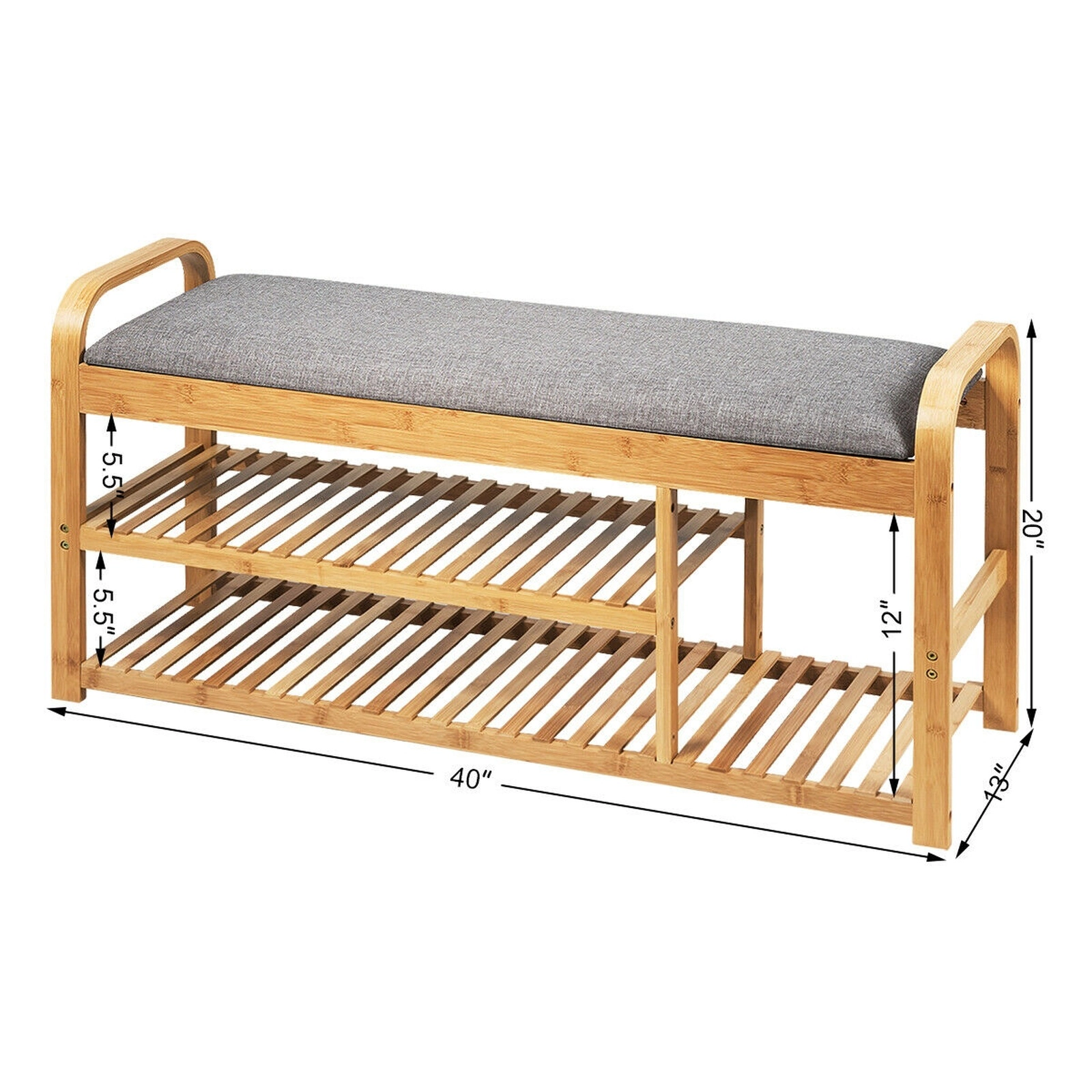 SUGIFT Natural Padded Linen Cushion and Carry Handles 3-Tier 40 Inch Bamboo Shoe Rack Bench