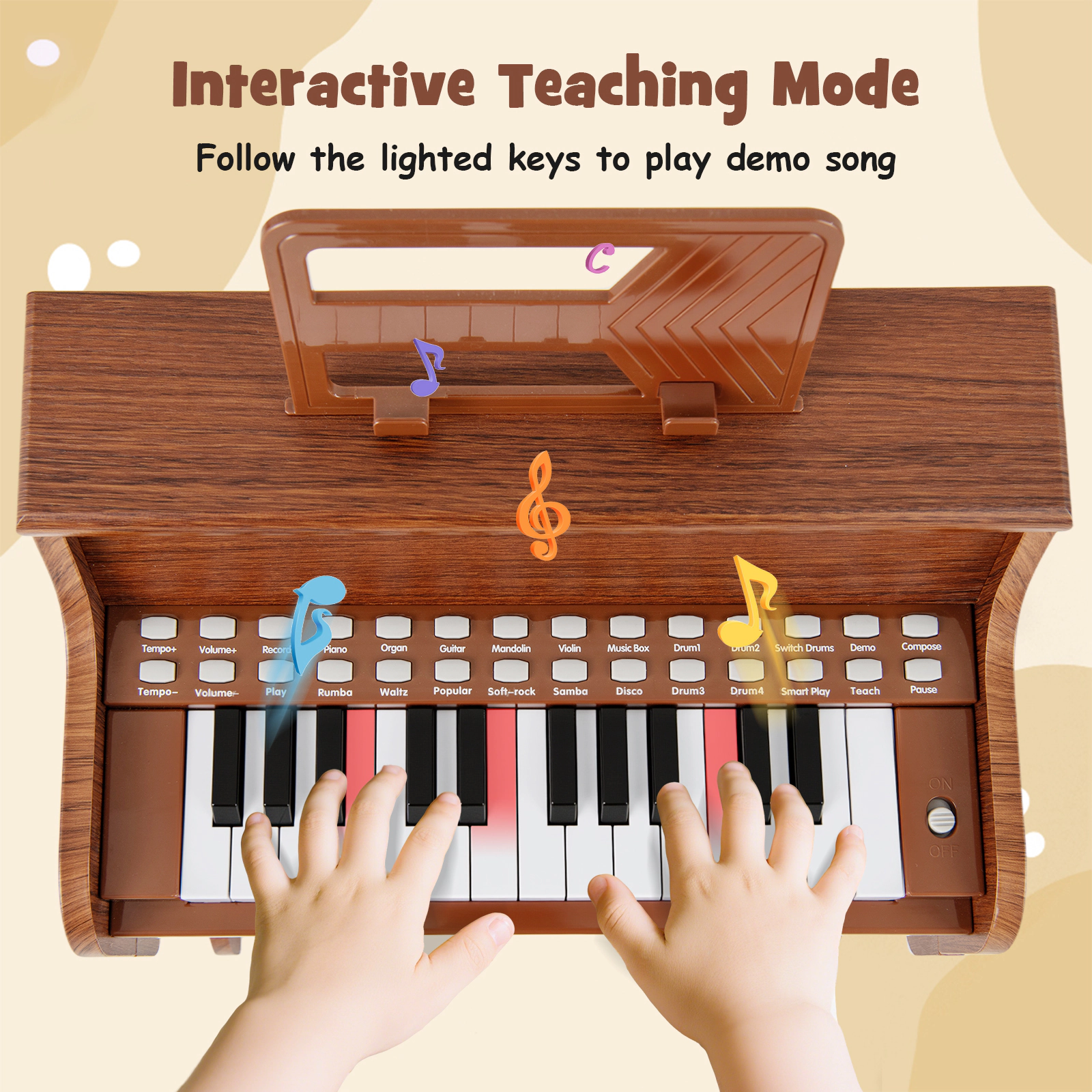 SUGIFT Brown 25-Key Kids Piano Keyboard with Stool Removable Legs and Adjustable Speed and Volume