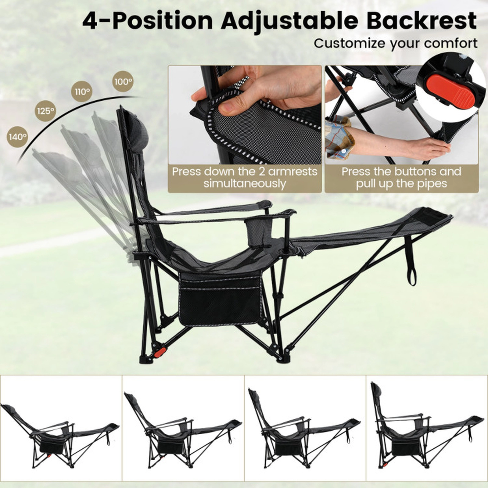 SUGIFT 4-Position Reclining Camping Chair with Removable Footrest 330-lb Capacity Gray/Green