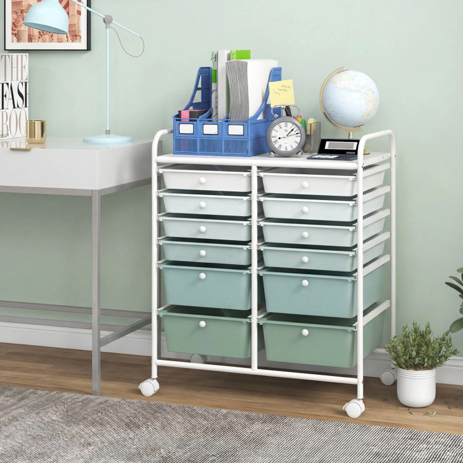 SUGIFT Green Gradient 12-Drawer Rolling Storage Cart with Removable Drawers and Reinforced Metal Frame