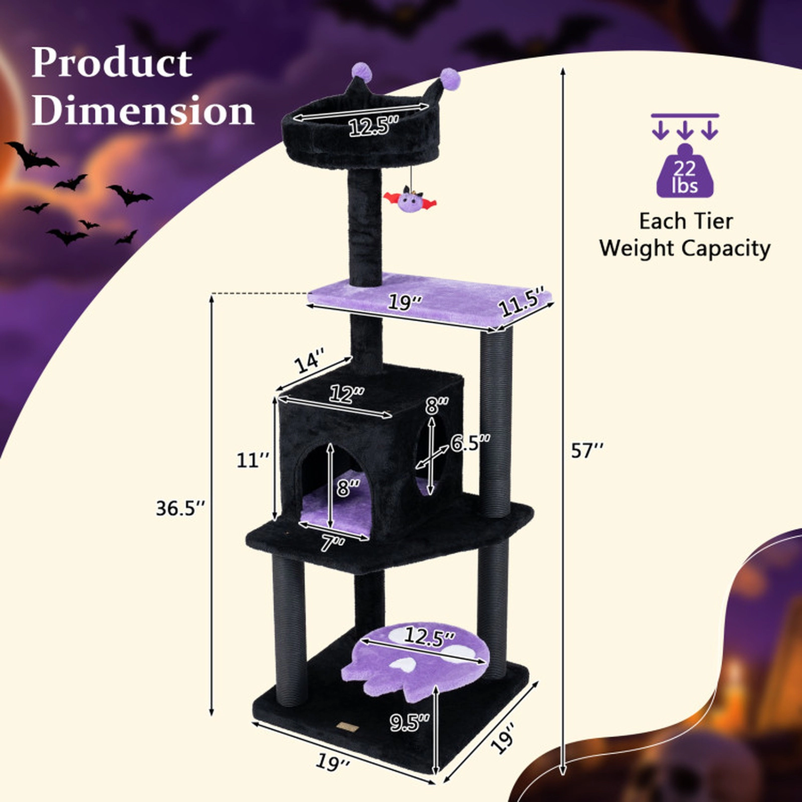 SUGIFT Purple 57 in Spooky Cat Tower with Ghost Platform and Spider Hanging Toy
