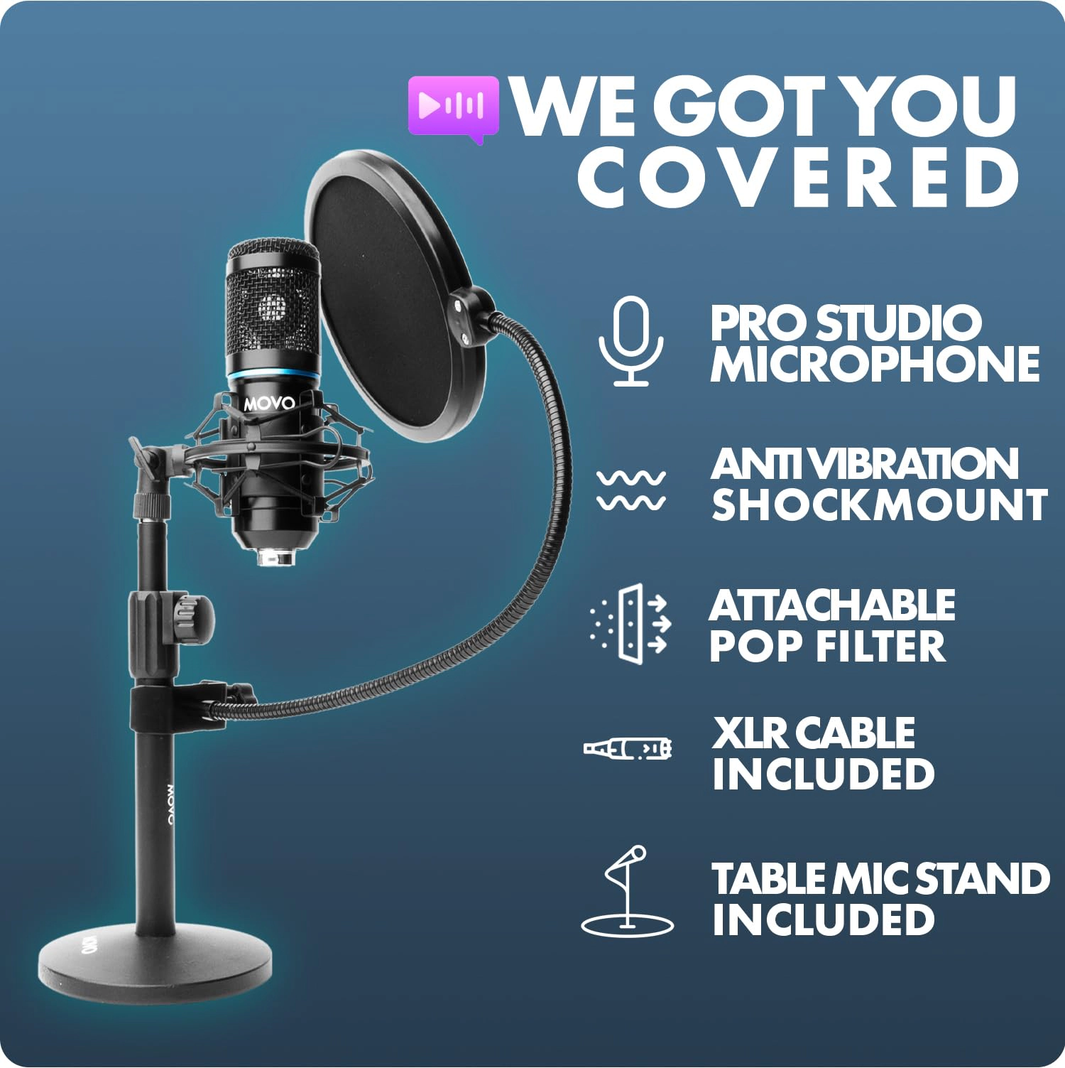 Movo PodPak4T 4-Pack Universal XLR Podcast Microphone Bundle- Includes 4 Cardioid Condenser Mics, Desktop Mic Stands