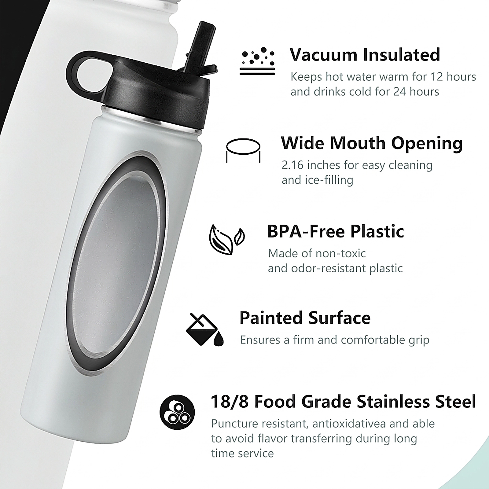 SUGIFT 22-oz Gray Insulated Stainless Steel Water Bottle with 2 Lids and Flip-Up Straw 3-in Dia 9.6-in H
