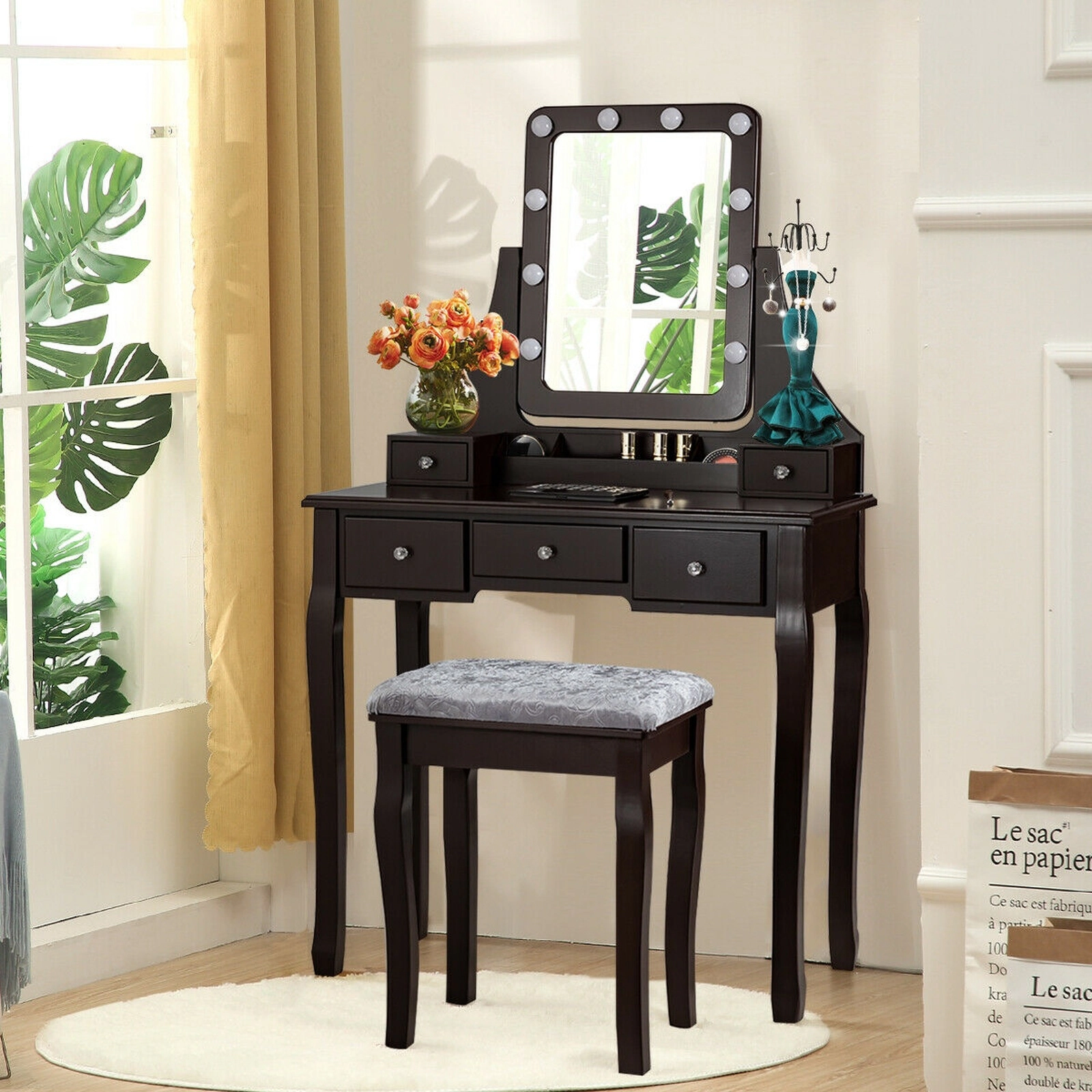 SUGIFT Vanity Dressing Table Set with 10 Dimmable Bulbs and Cushioned Stool 220-Lb Capacity Brown
