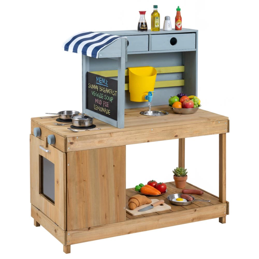 Hivvago Fir Wood Kids Kitchen Playset with Canopy and Faucet