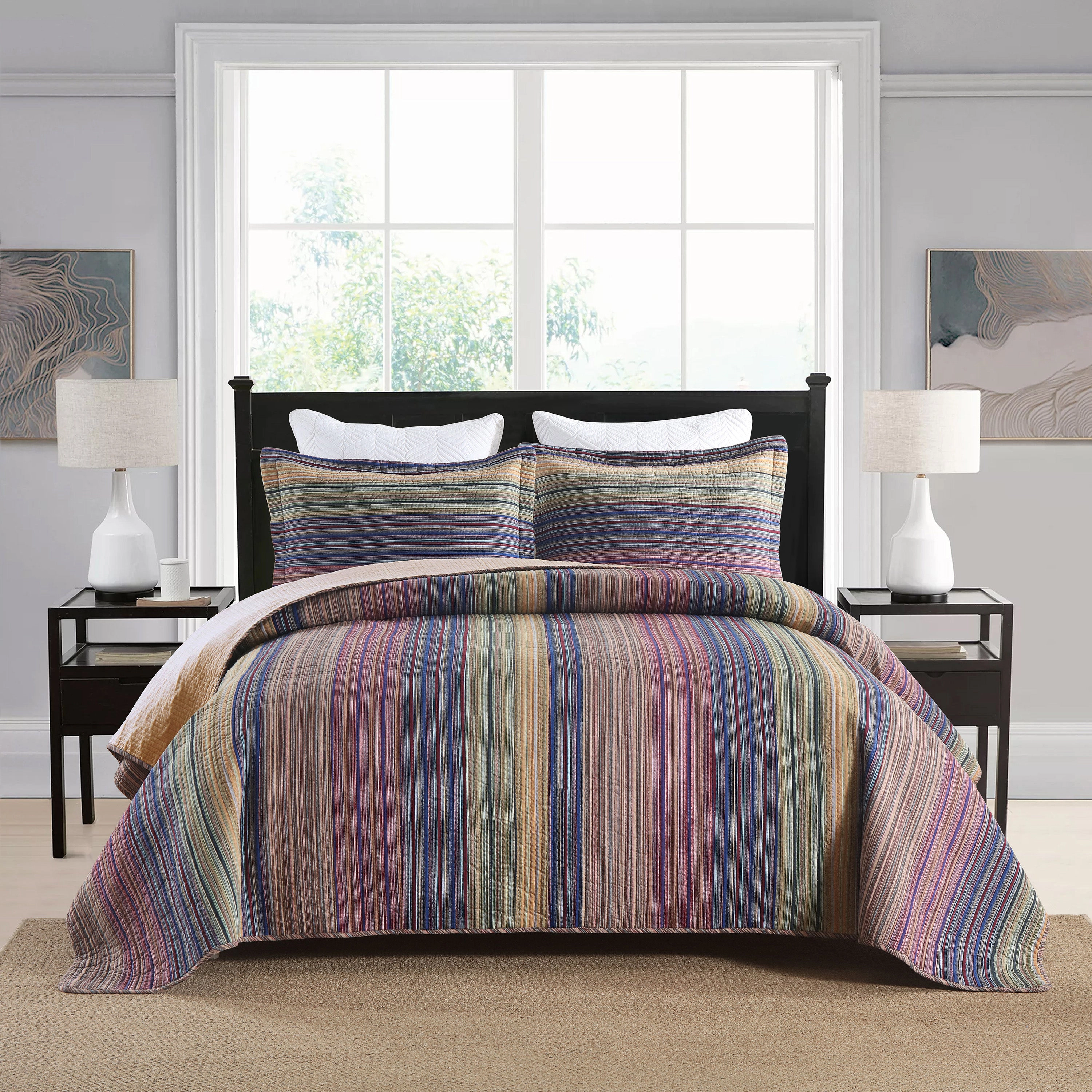 MarCielo 3 Pieces 100% Cotton Striped Quilt Bedspread Set-Soft Lightweight Bedding